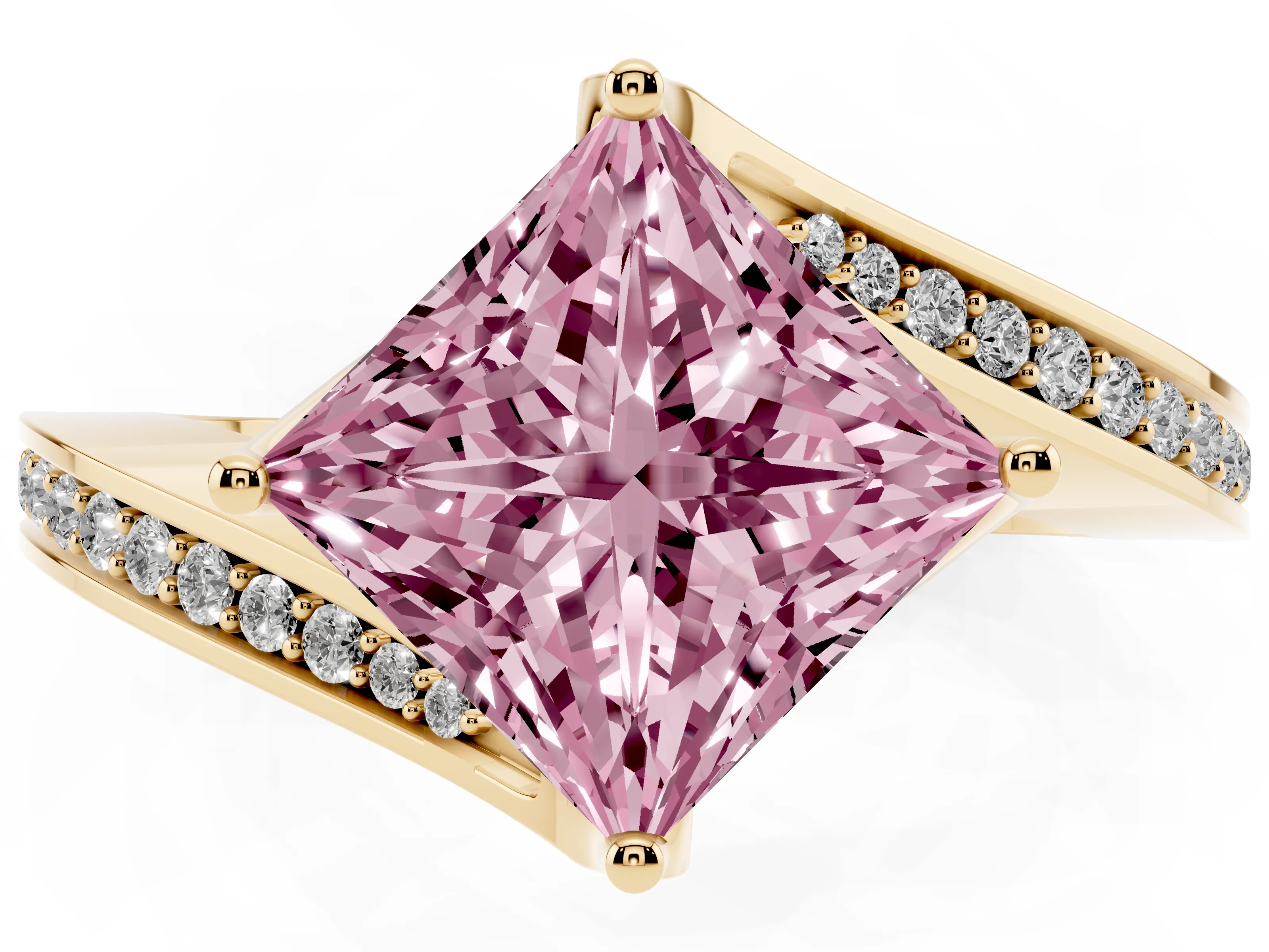 Fancy Pink Princess Cut Diamond Solitaire Ring Set in Yellow gold with Intertwined Pavé Twist Band