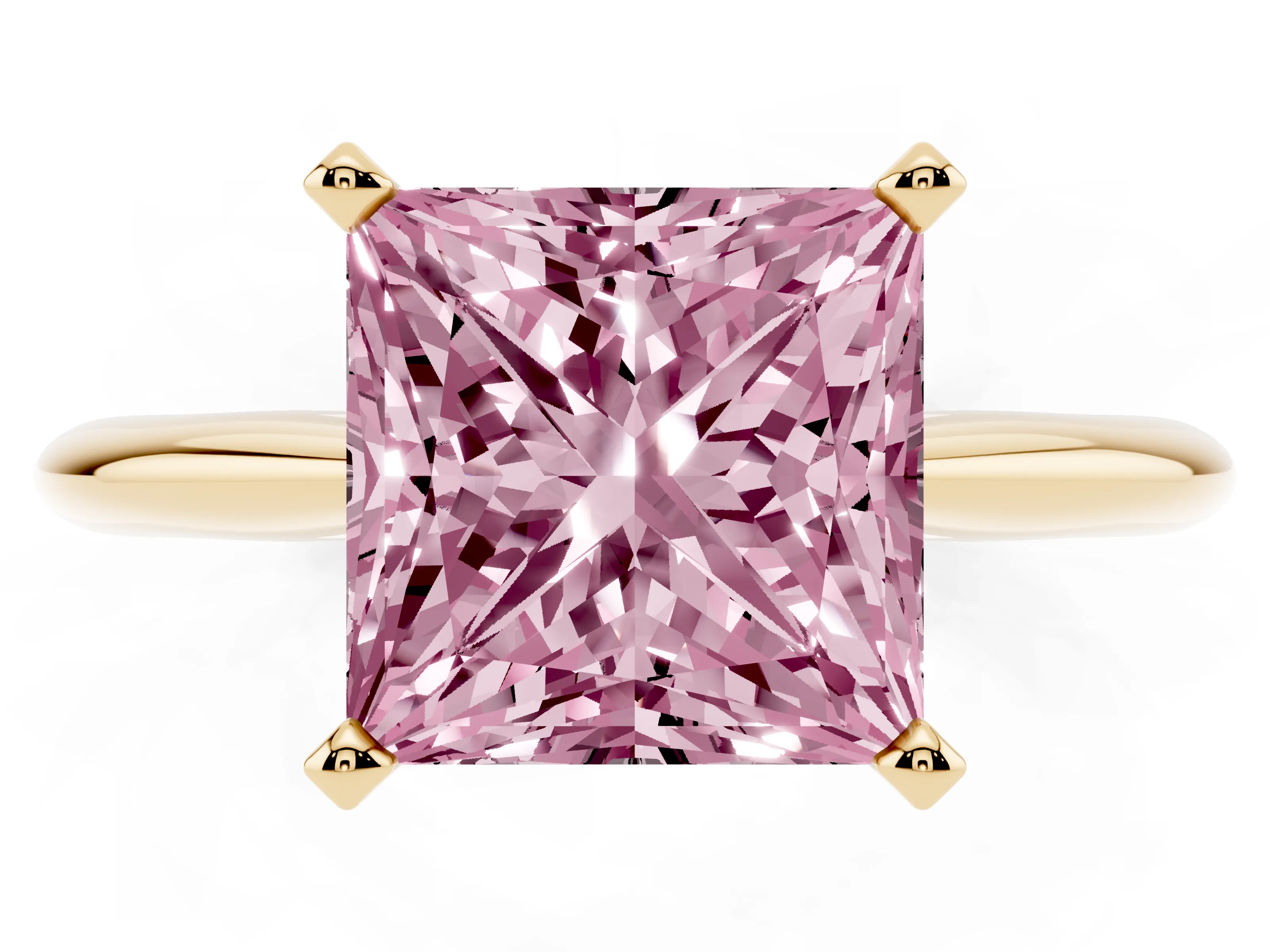 Fancy Pink Princess Cut Diamond Solitaire Ring Set in Yellow gold with Prong Setting on a Plain Round Band
