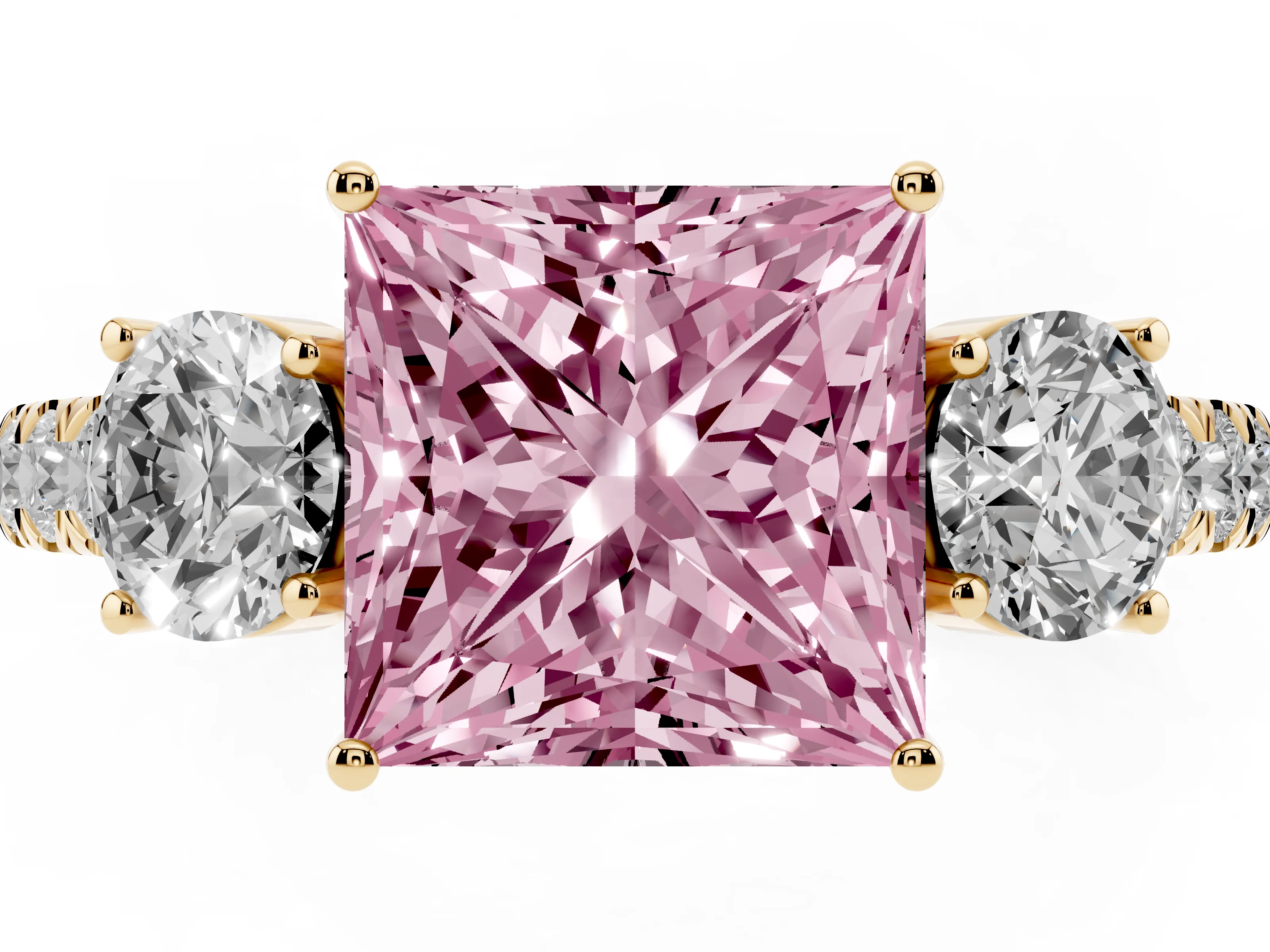 Fancy Pink Princess Cut Diamond Three-Stone Ring Set in Yellow gold with Round Side Stones and Delicate Pavé Band