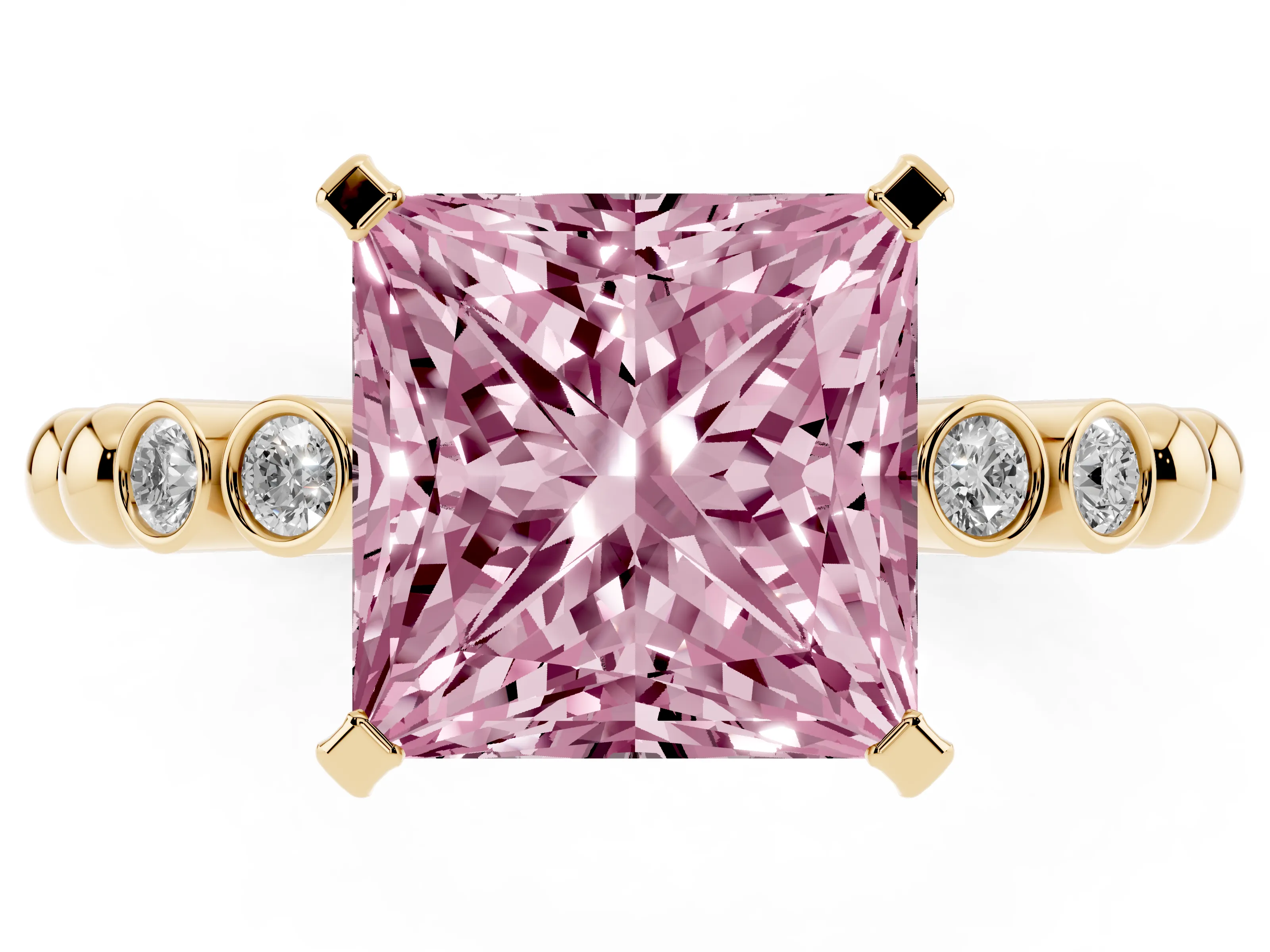 Fancy Pink Princess Cut Diamond Solitaire Engagement Ring Set in Yellow gold with Bezel Accents on Beaded Band