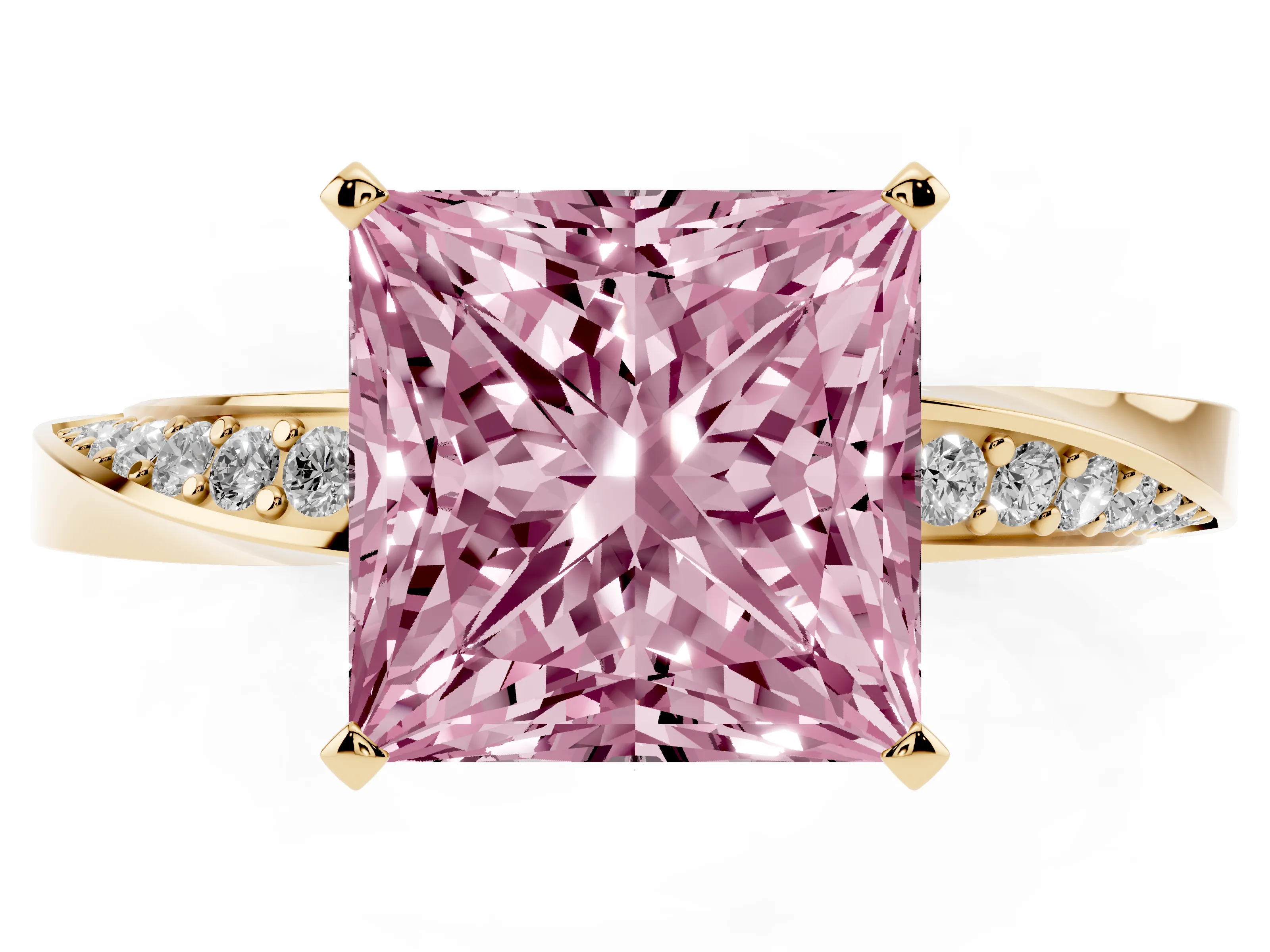 Fancy Pink Princess Cut Diamond Engagement Ring Set in Yellow gold with Side Stone Accents and Prong Setting