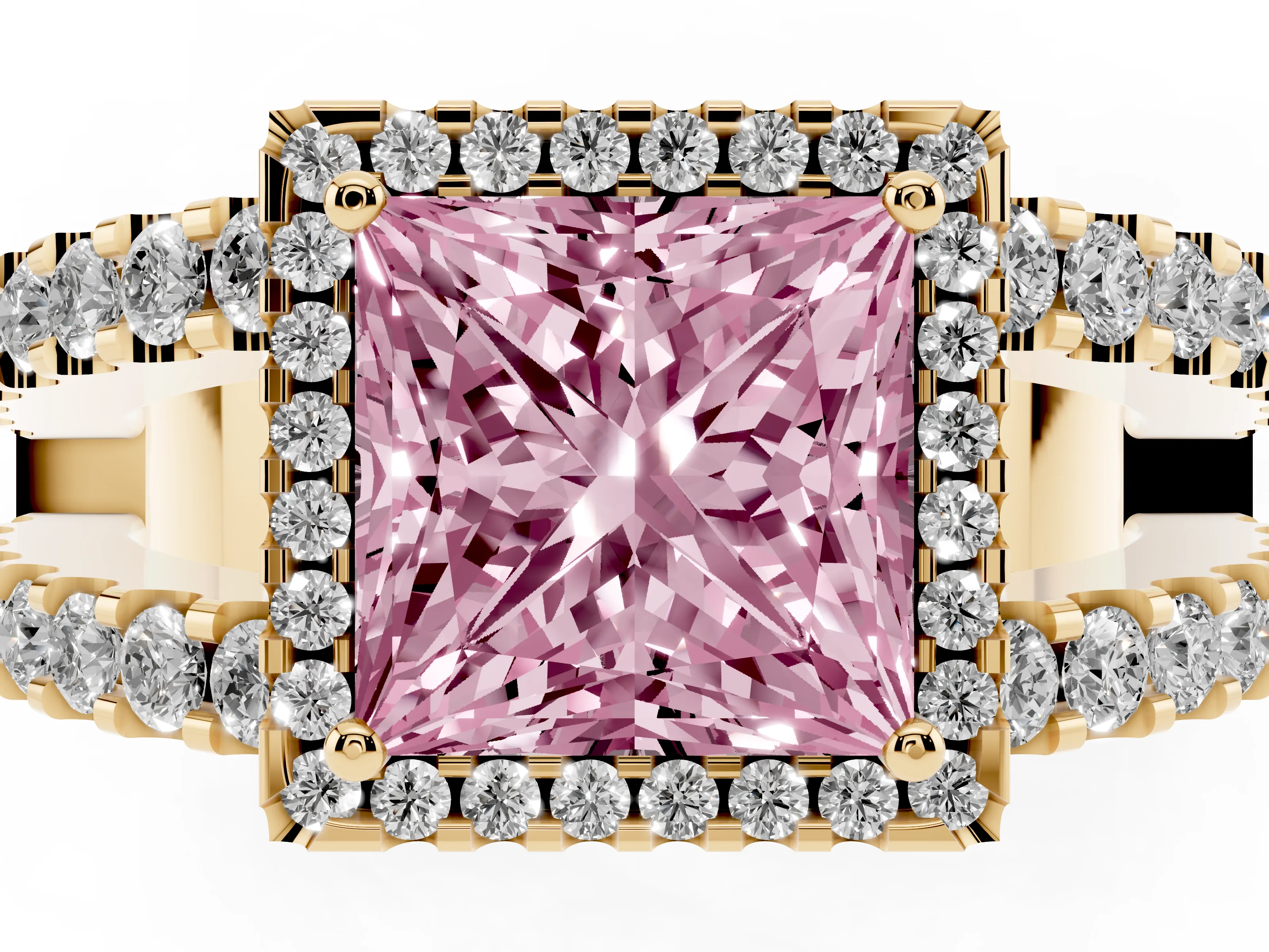 Fancy Pink Princess Cut Diamond Halo Ring Set in Yellow gold with Pavé Split Shank and Prong Setting