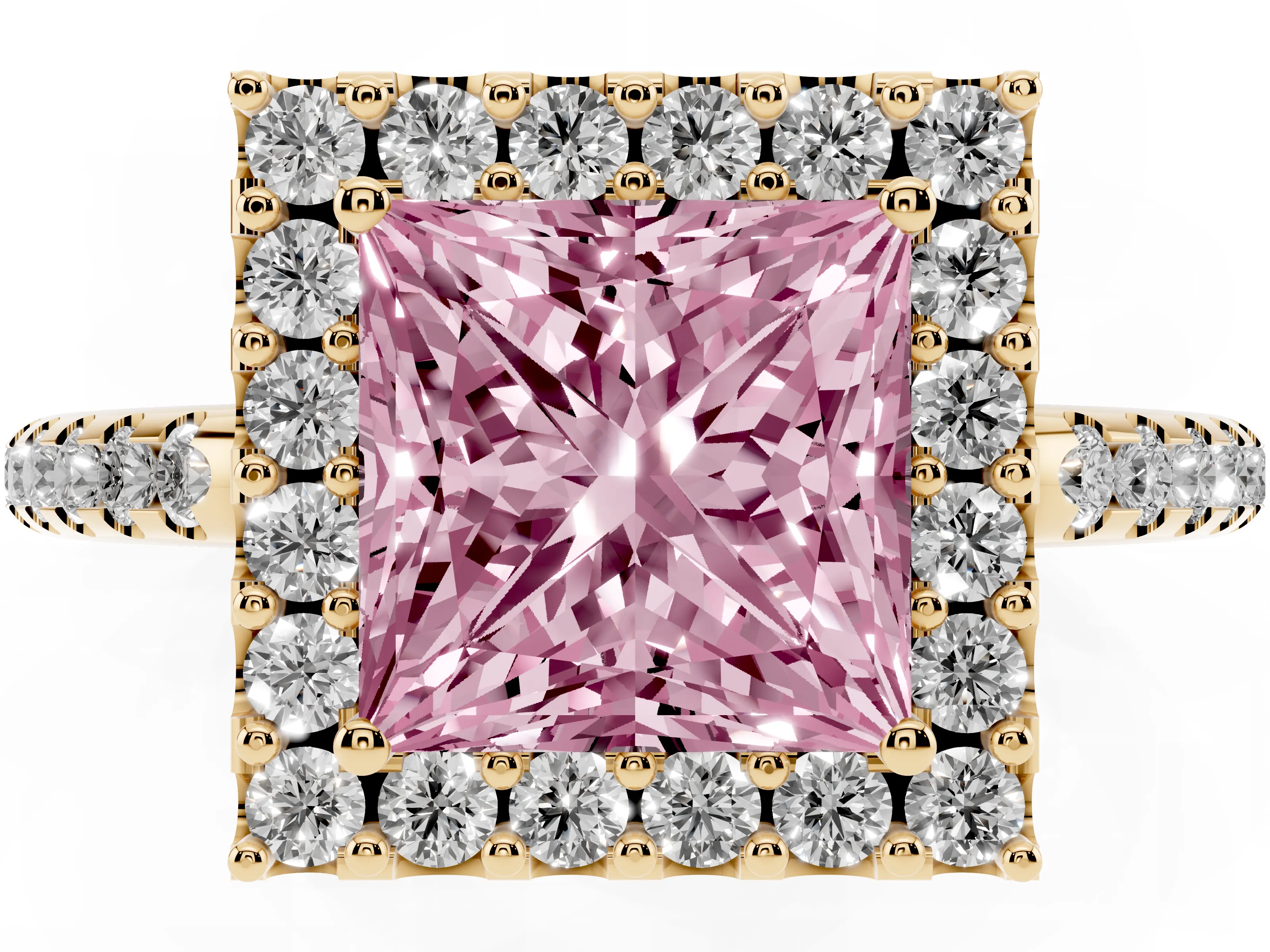 Fancy Pink Princess Cut Diamond Pavé Halo Ring Set in Yellow gold with Prong Setting