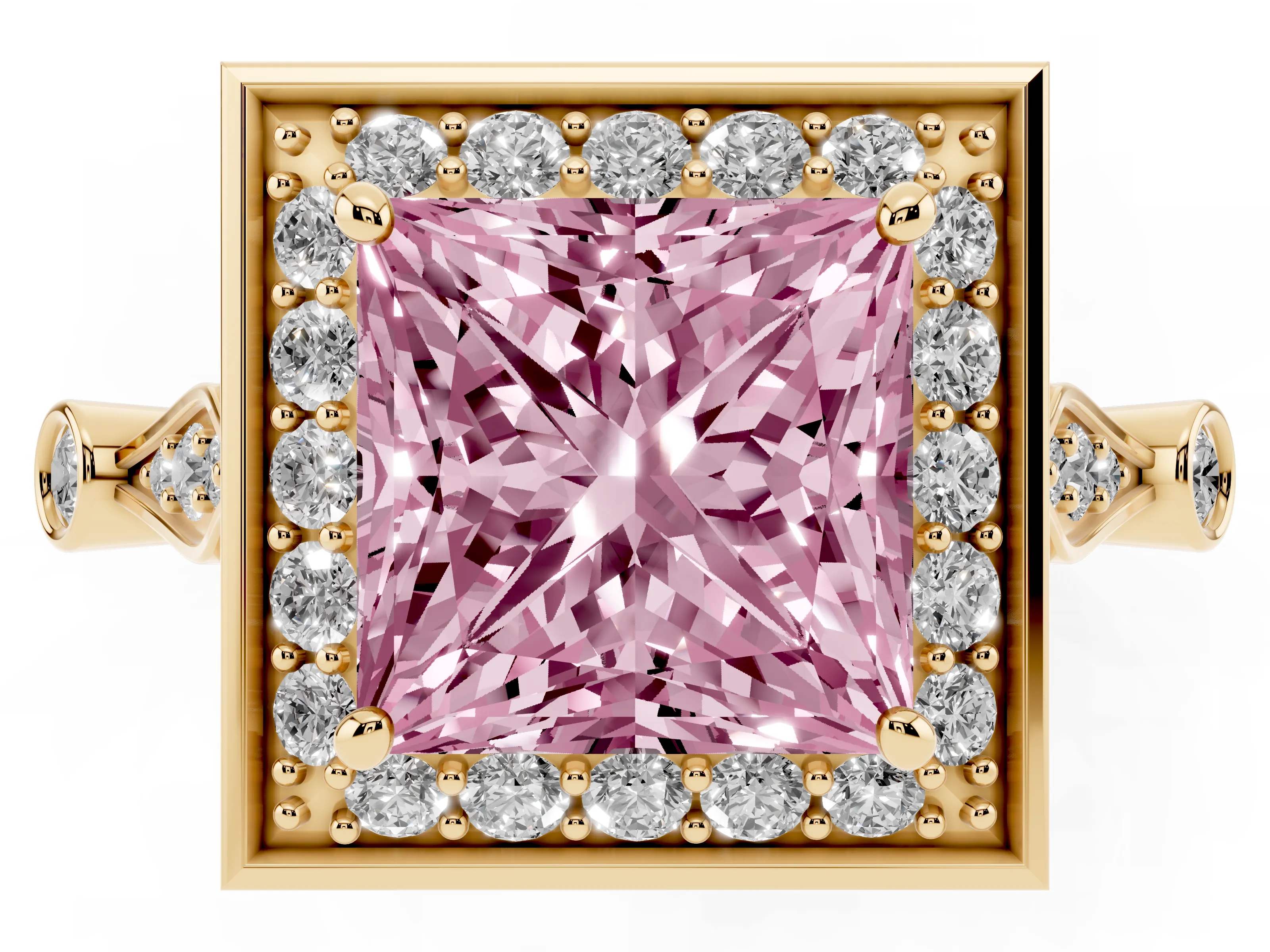 Fancy Pink Princess Cut Diamond Halo Engagement Ring Set in Yellow gold with Twisted Band and Prong Setting