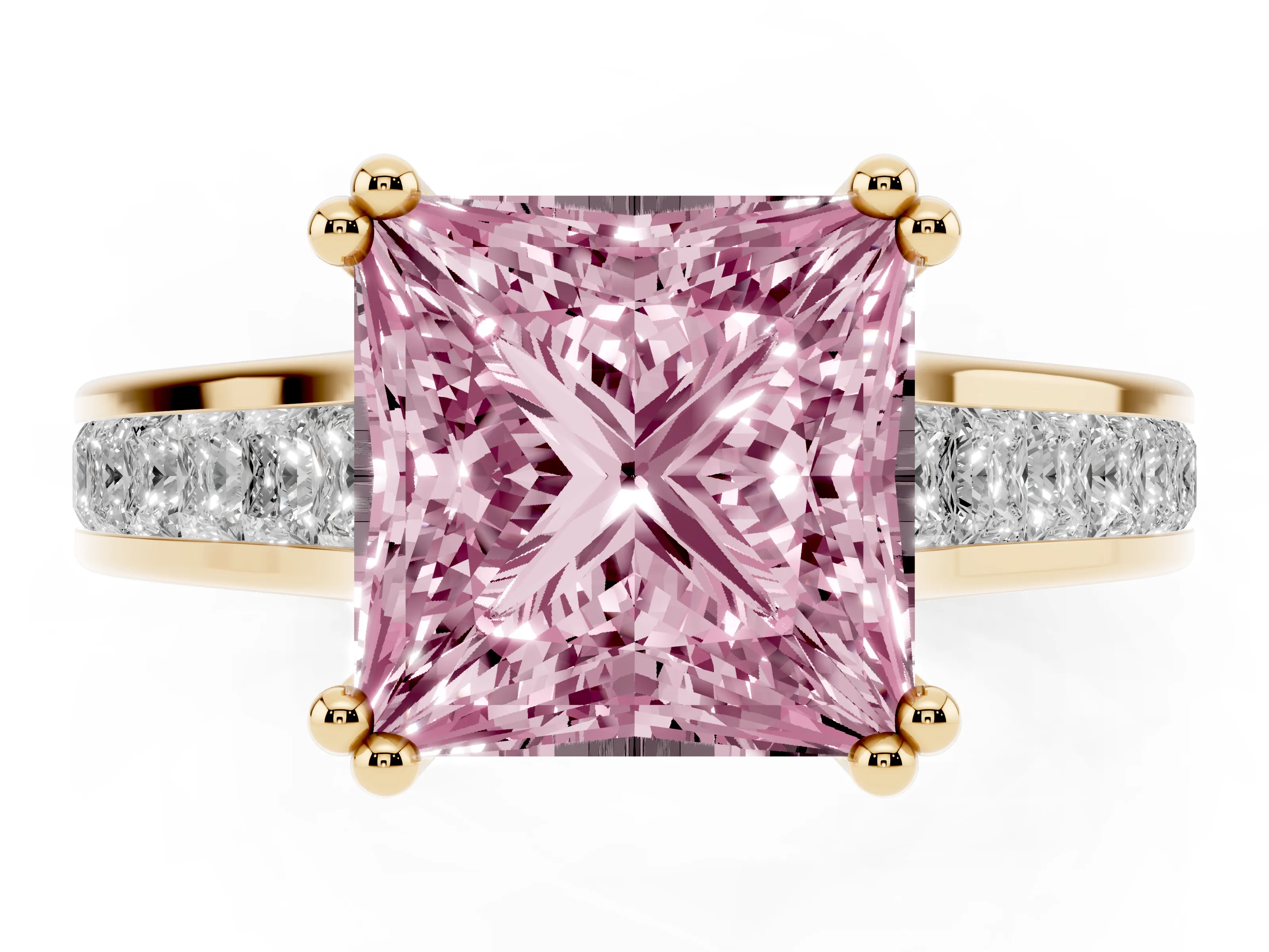 Fancy Pink Princess Cut Diamond Channel Set Solitaire Engagement Ring Set in Yellow gold with Prong Setting