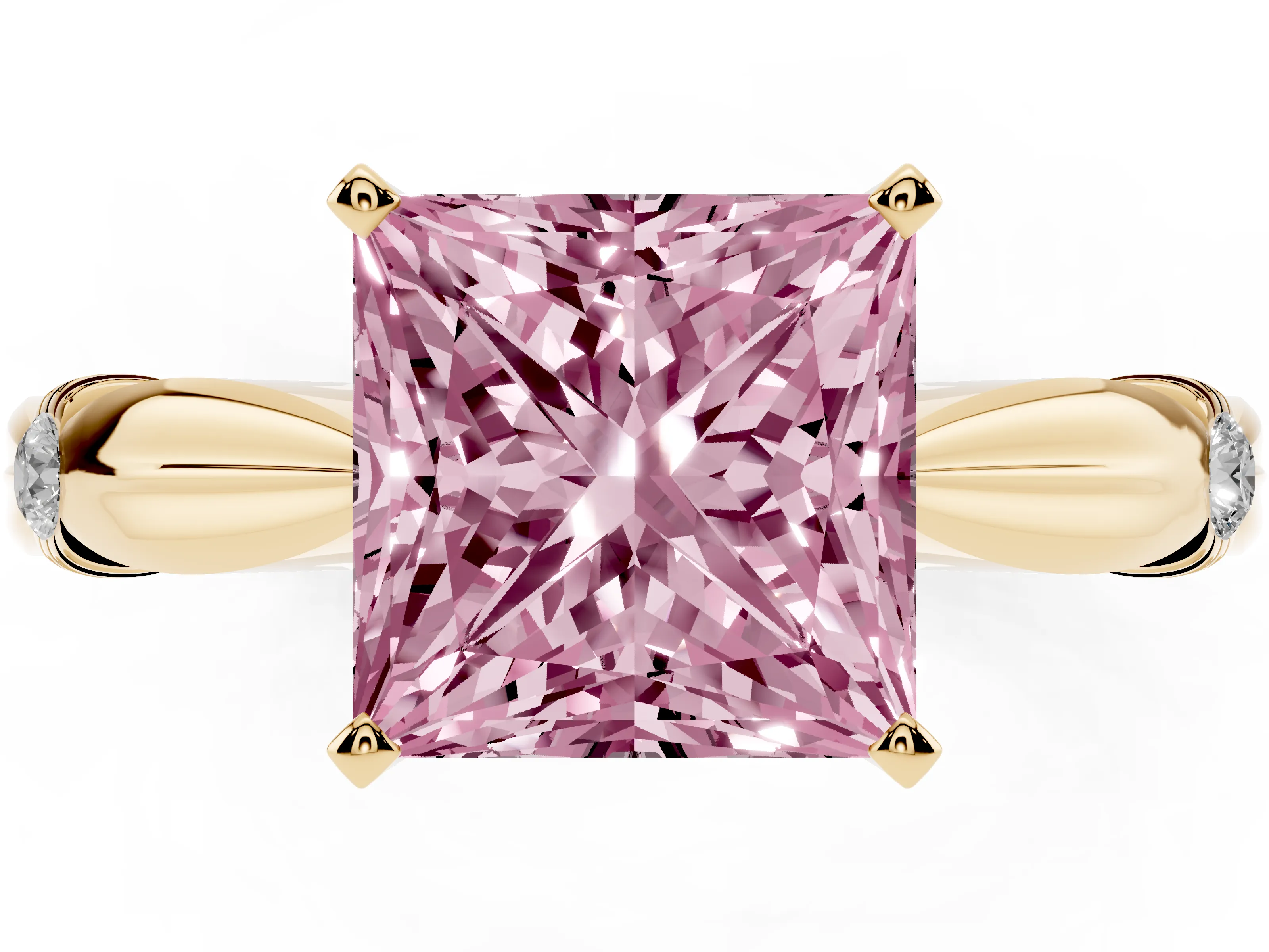 Fancy Pink Princess Cut Diamond Solitaire Twisted Band Ring Set in Yellow gold with Accent Stones and Prong Setting