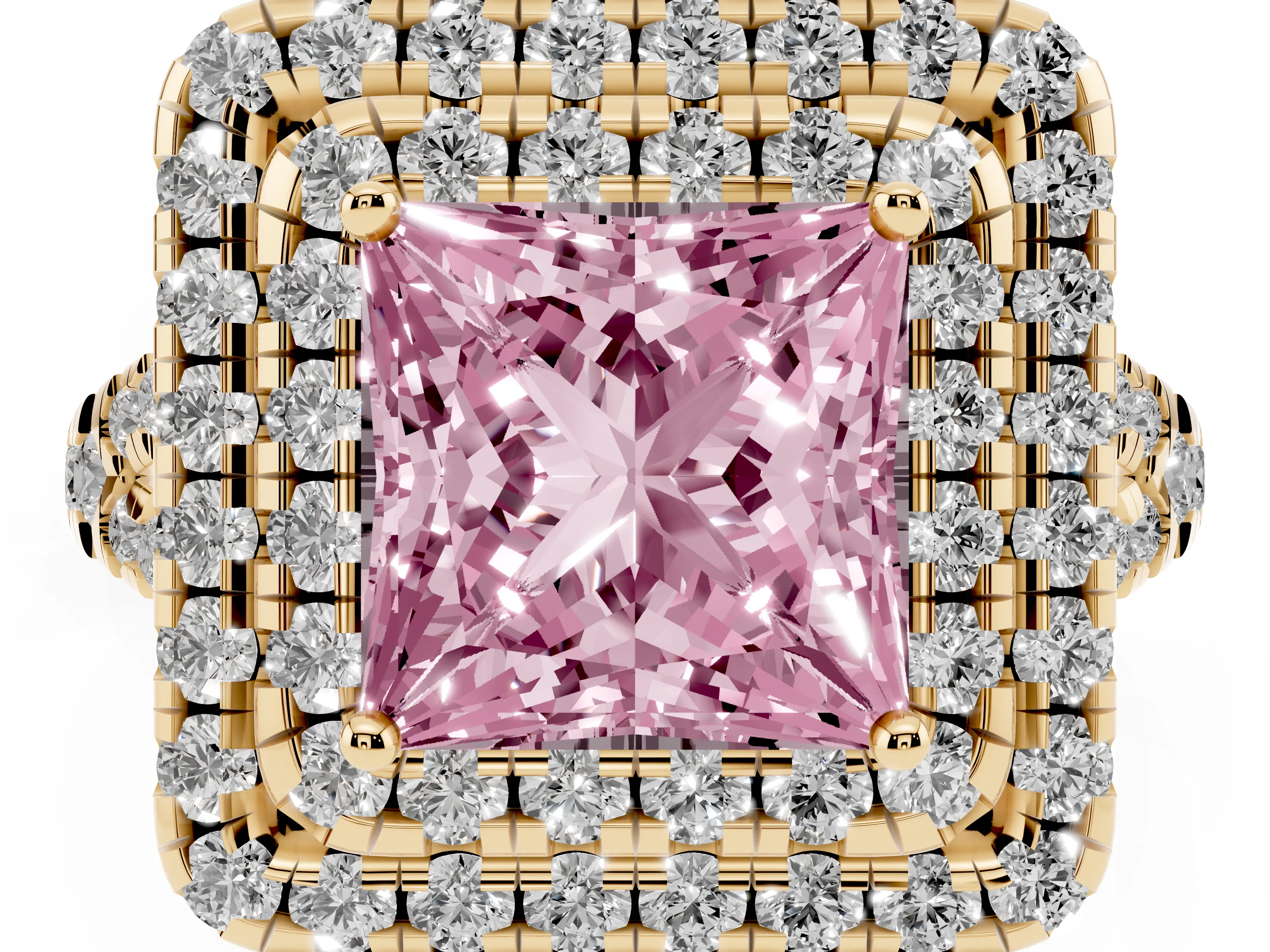 Fancy Pink Princess Cut Diamond Double Halo Ring Set in Yellow gold with Pavé Split Shank and Prong Setting