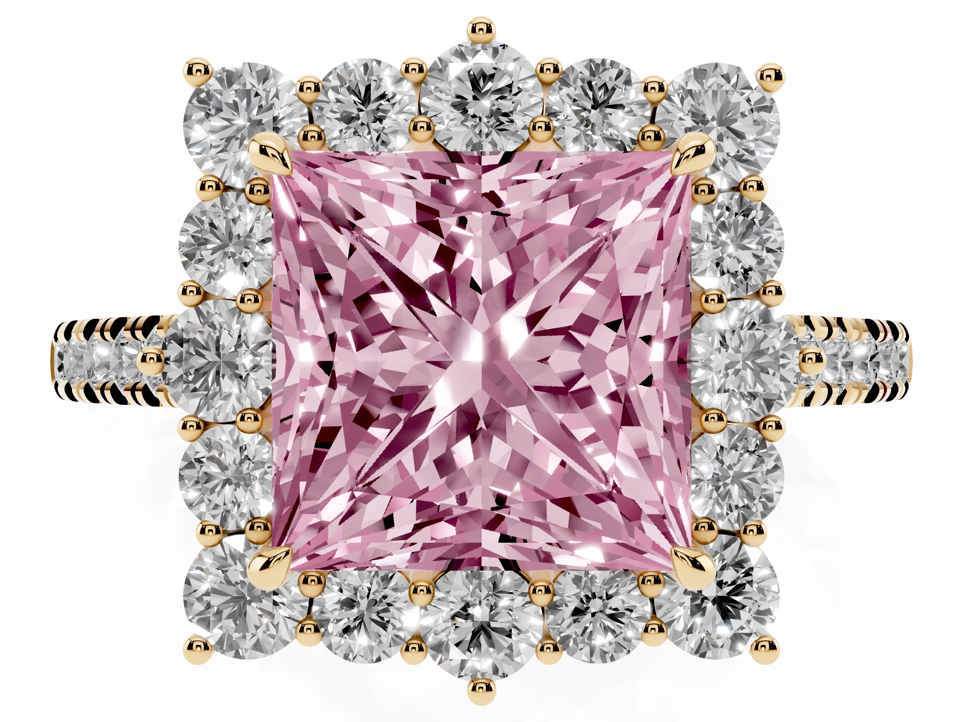 Fancy Pink Princess Cut Diamond Halo Ring Set in Yellow gold with Pavé Band and Prong Setting