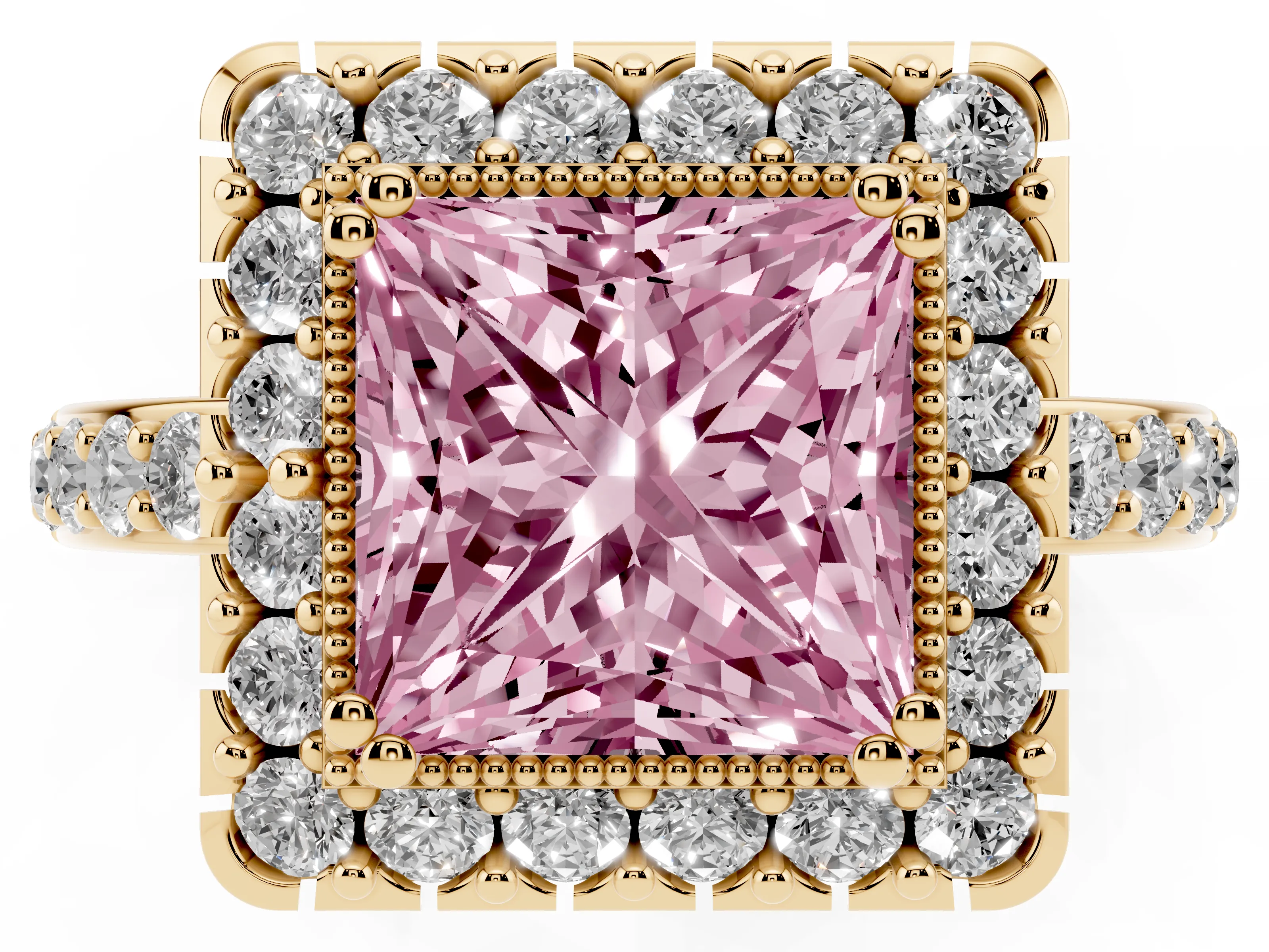 Fancy Pink Princess Cut Diamond Halo Ring Set in Yellow gold with Pavé Shank and Prong Setting