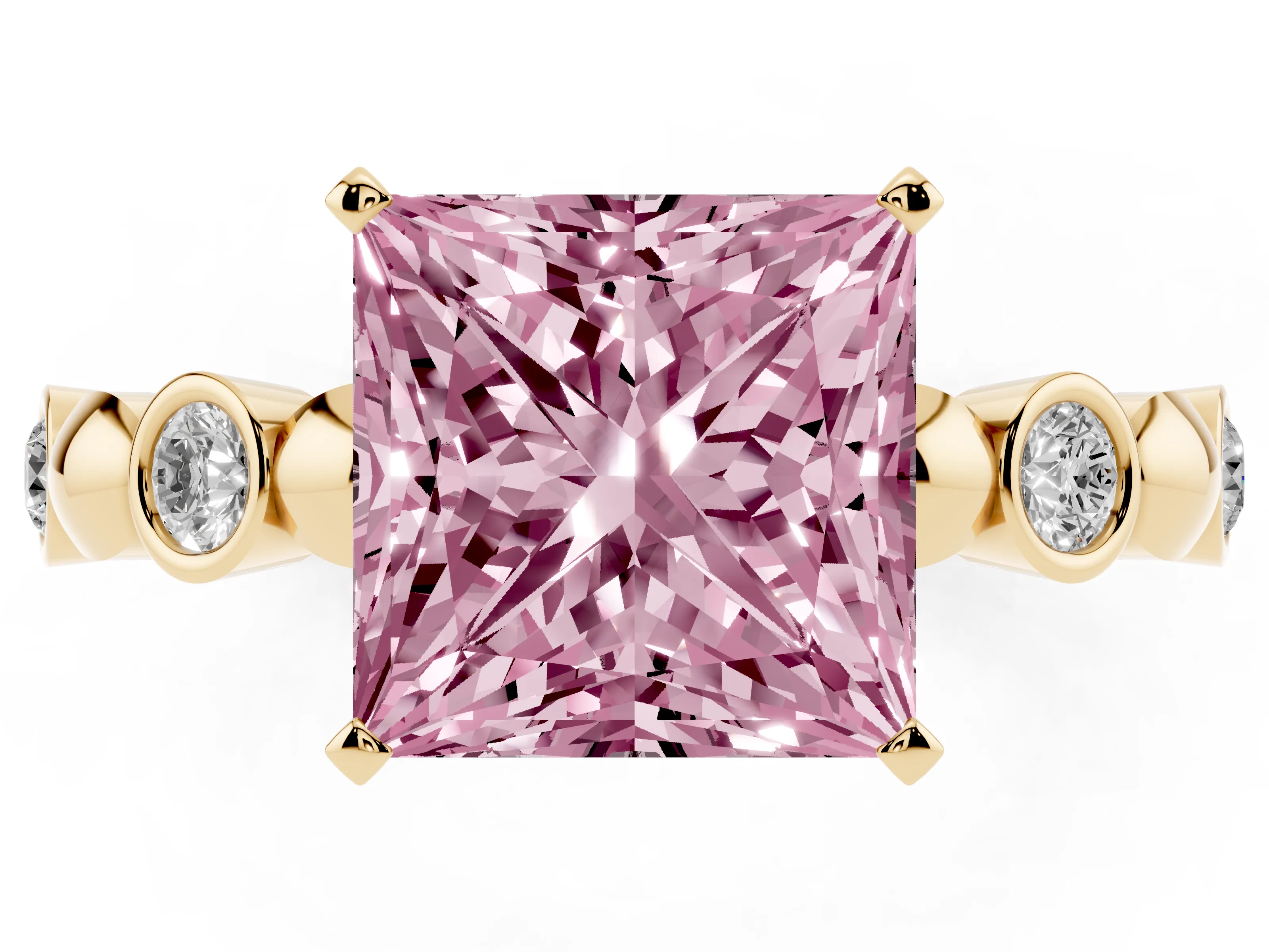 Fancy Pink Princess Cut Diamond Solitaire Ring Set in Yellow gold with Bezel-Set Accents on Beaded Band and Prong Setting