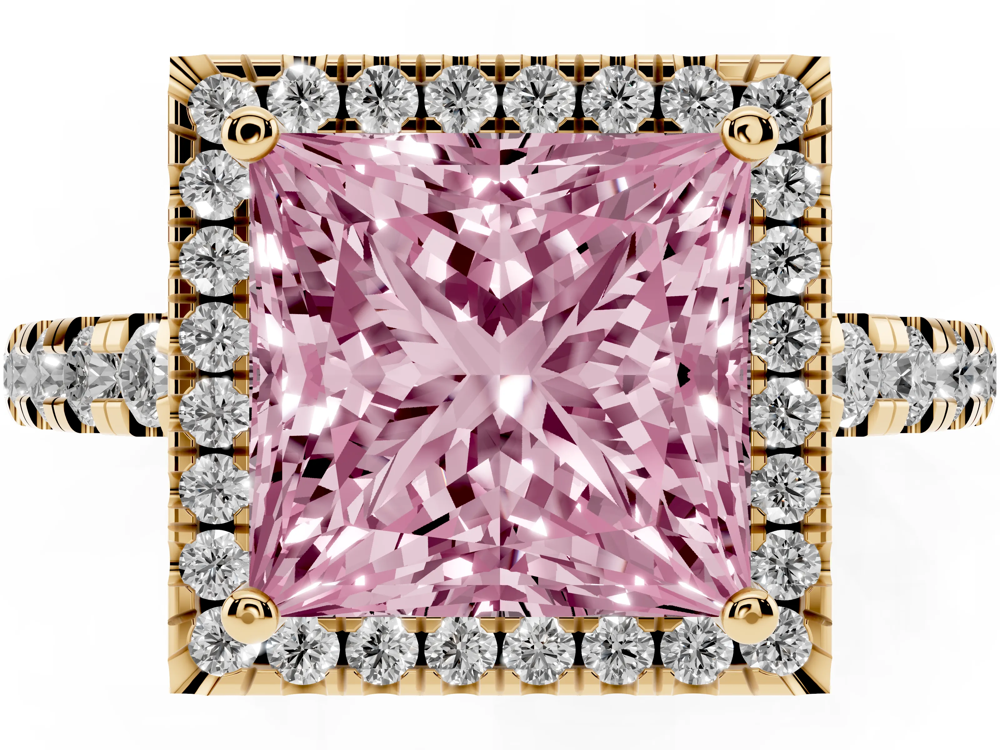 Fancy Pink Princess Cut Diamond Halo Ring Set in Yellow gold with Delicate Pavé Band and Prong Setting
