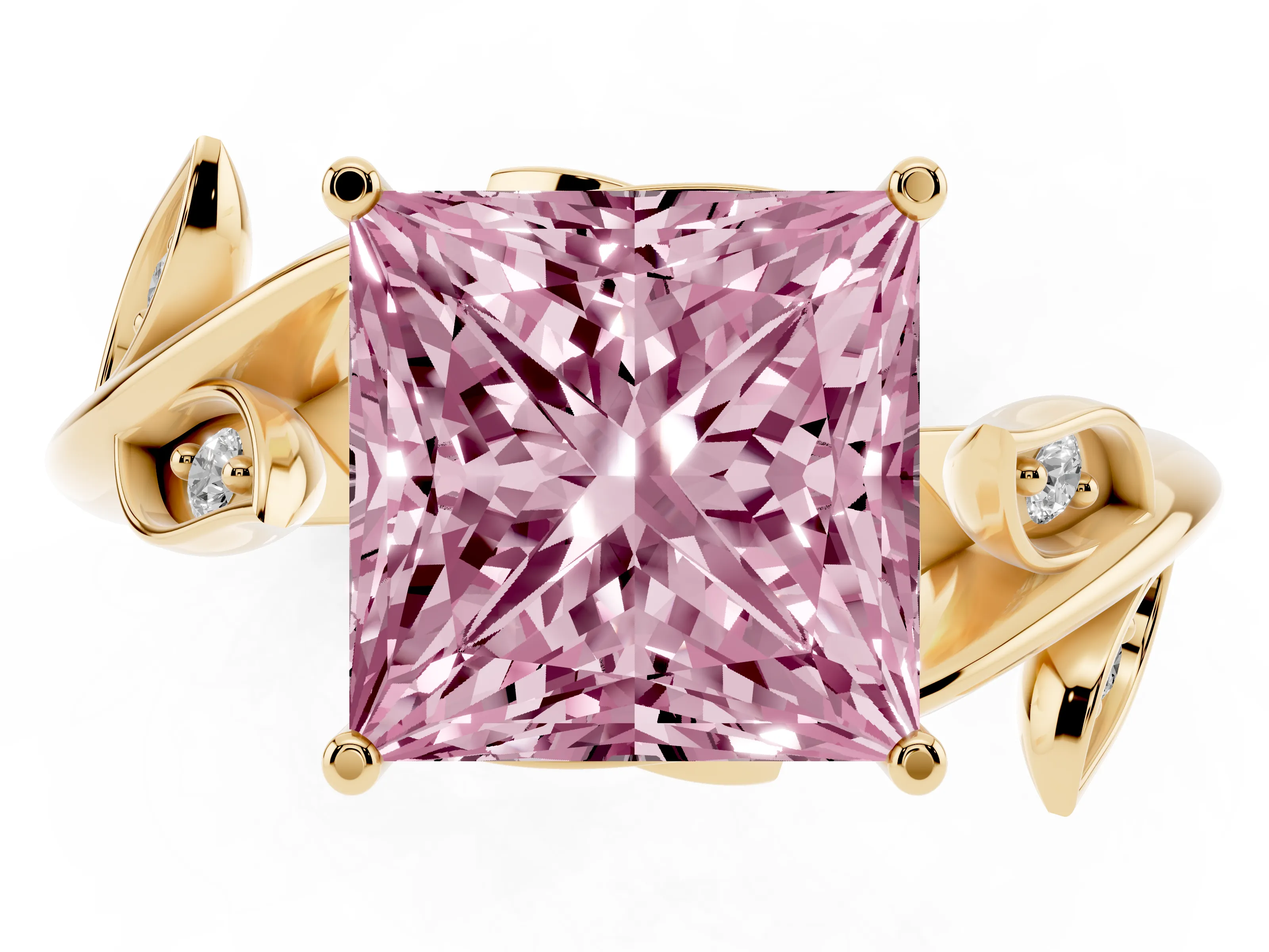 Fancy Pink Princess Cut Diamond Solitaire Twist Engagement Ring Set in Yellow gold with Pavé Leaf Accents