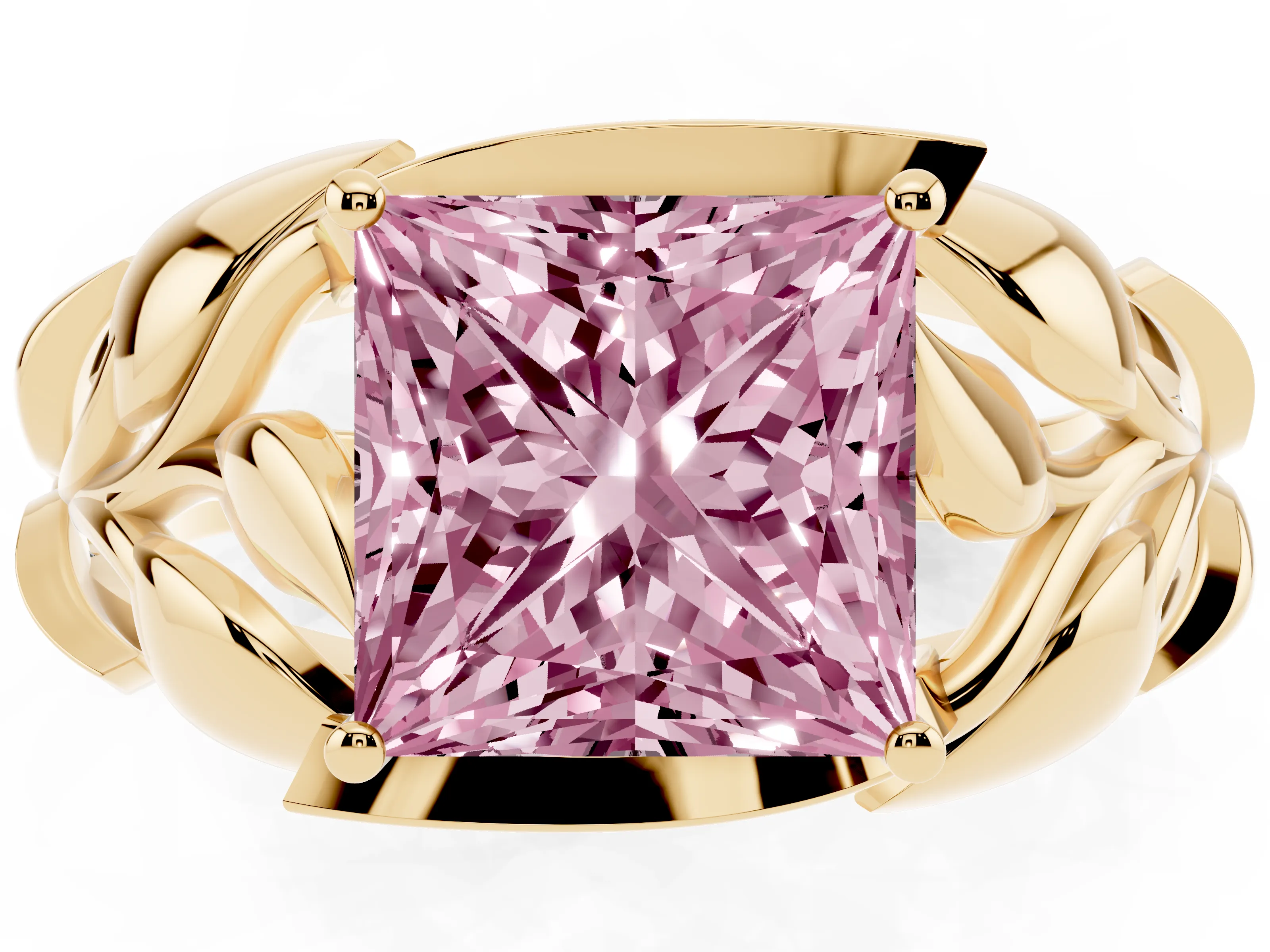 Fancy Pink Princess Cut Diamond Leaf-Inspired Engagement Ring Set in Yellow gold with Round Accents