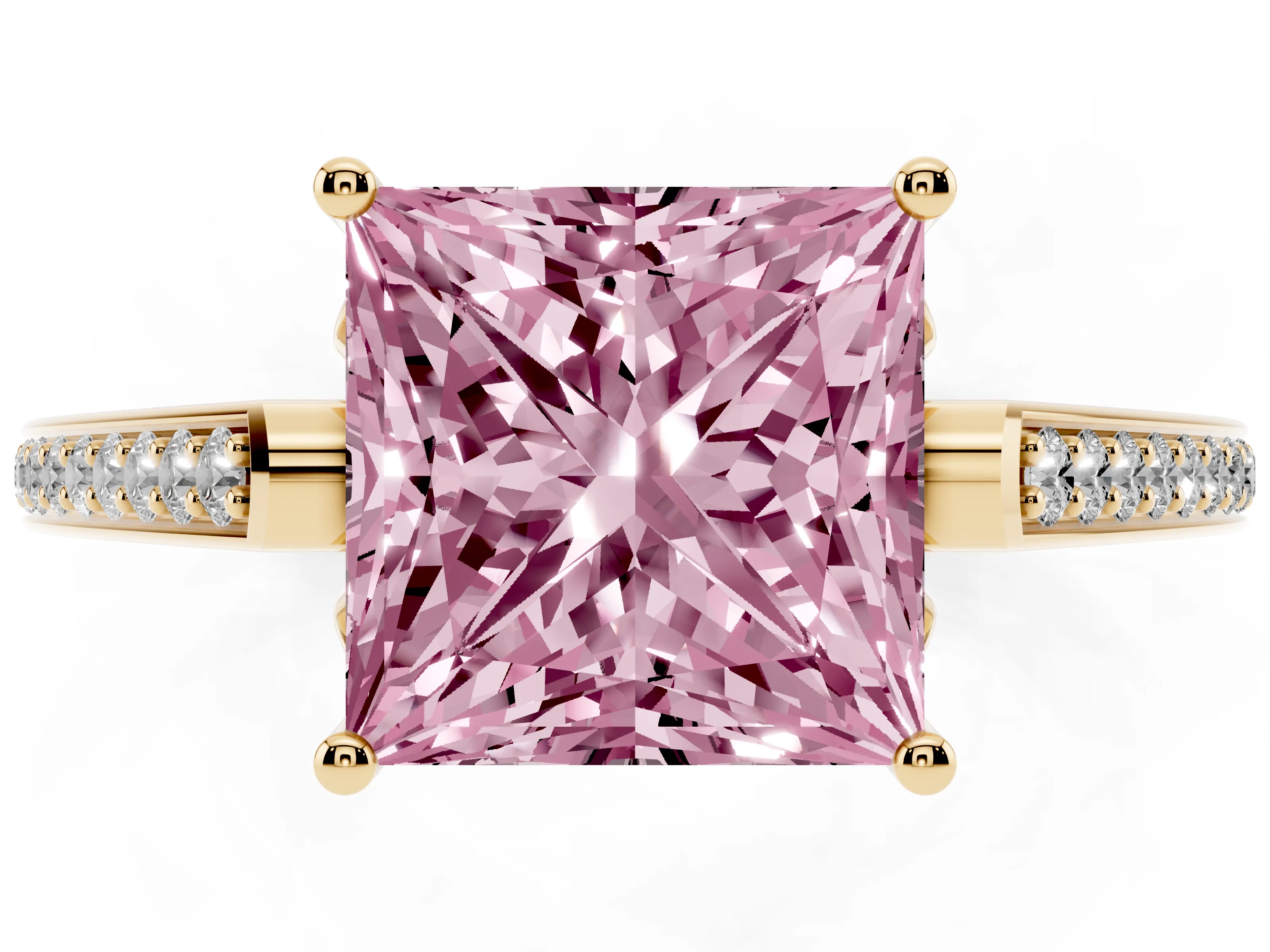 Fancy Pink Princess Cut Diamond Cathedral Pavé Engagement Ring Set in Yellow gold with Prong Setting