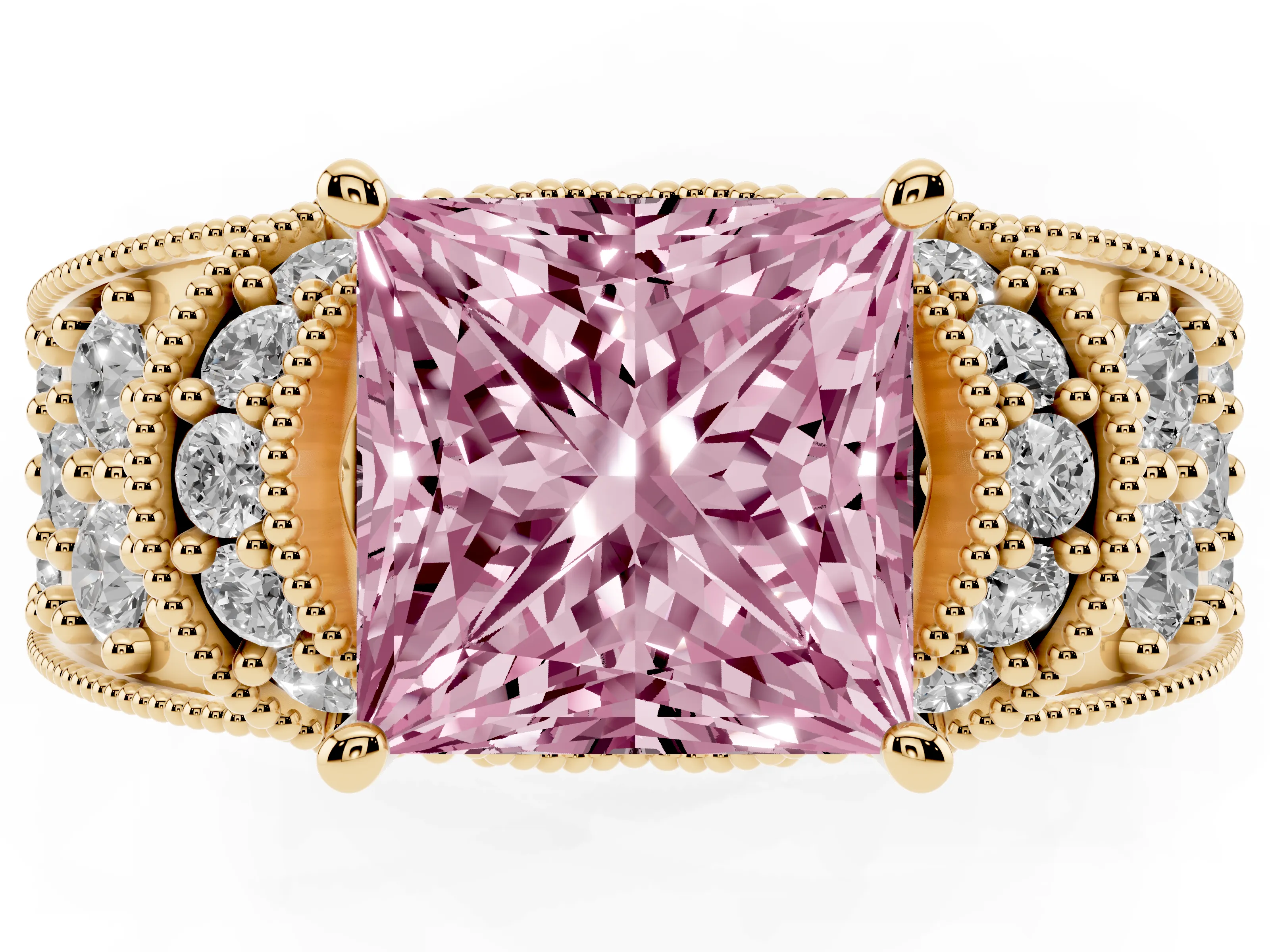 Fancy Pink Princess Cut Diamond Milgrain Halo Pavé Engagement Ring Set in Yellow gold with Prong Setting