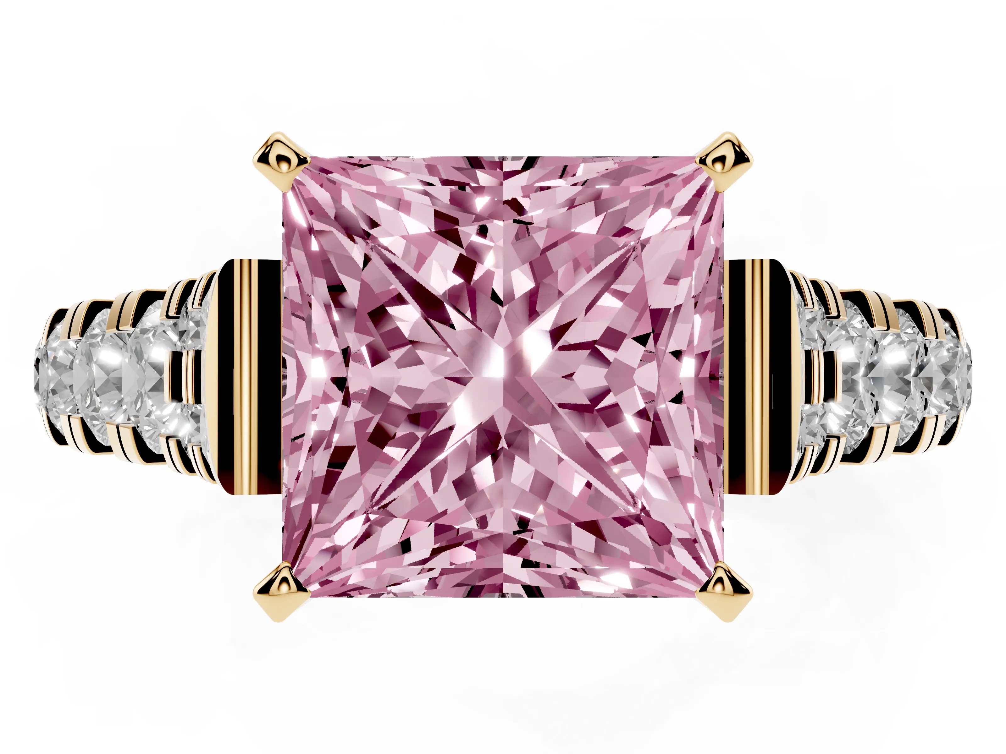 Fancy Pink Princess Cut Diamond Classic Solitaire Ring Set in Yellow gold with Pavé Band and Prong Setting
