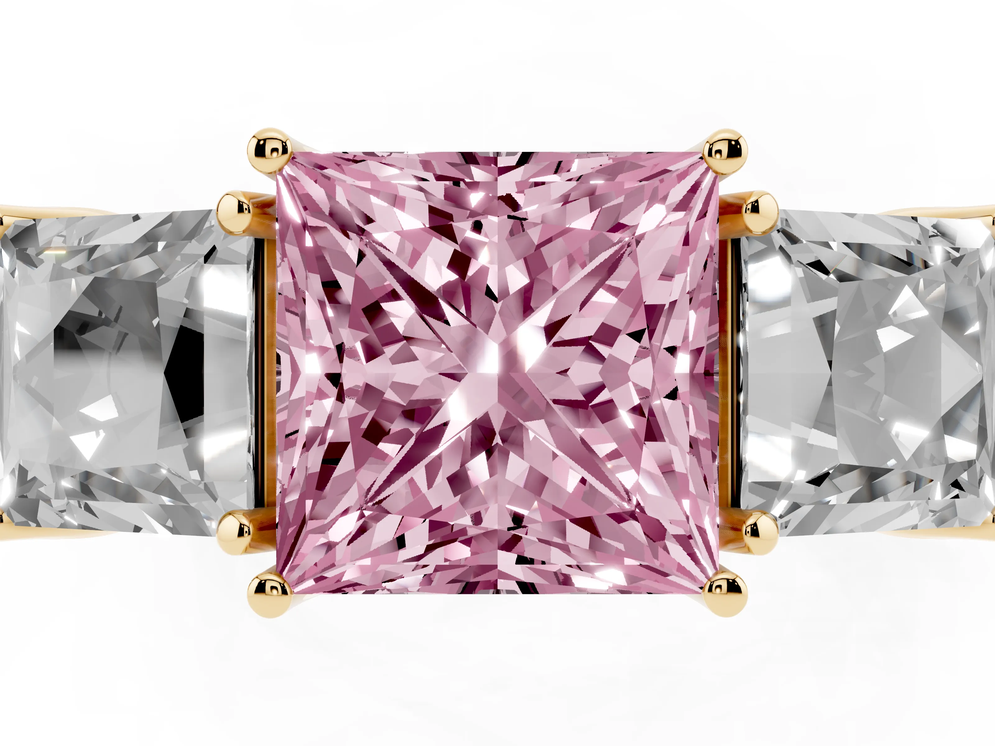 Fancy Pink Princess Cut Diamond Three-Stone Engagement Ring Set in Yellow gold with Milgrain Pavé Band
