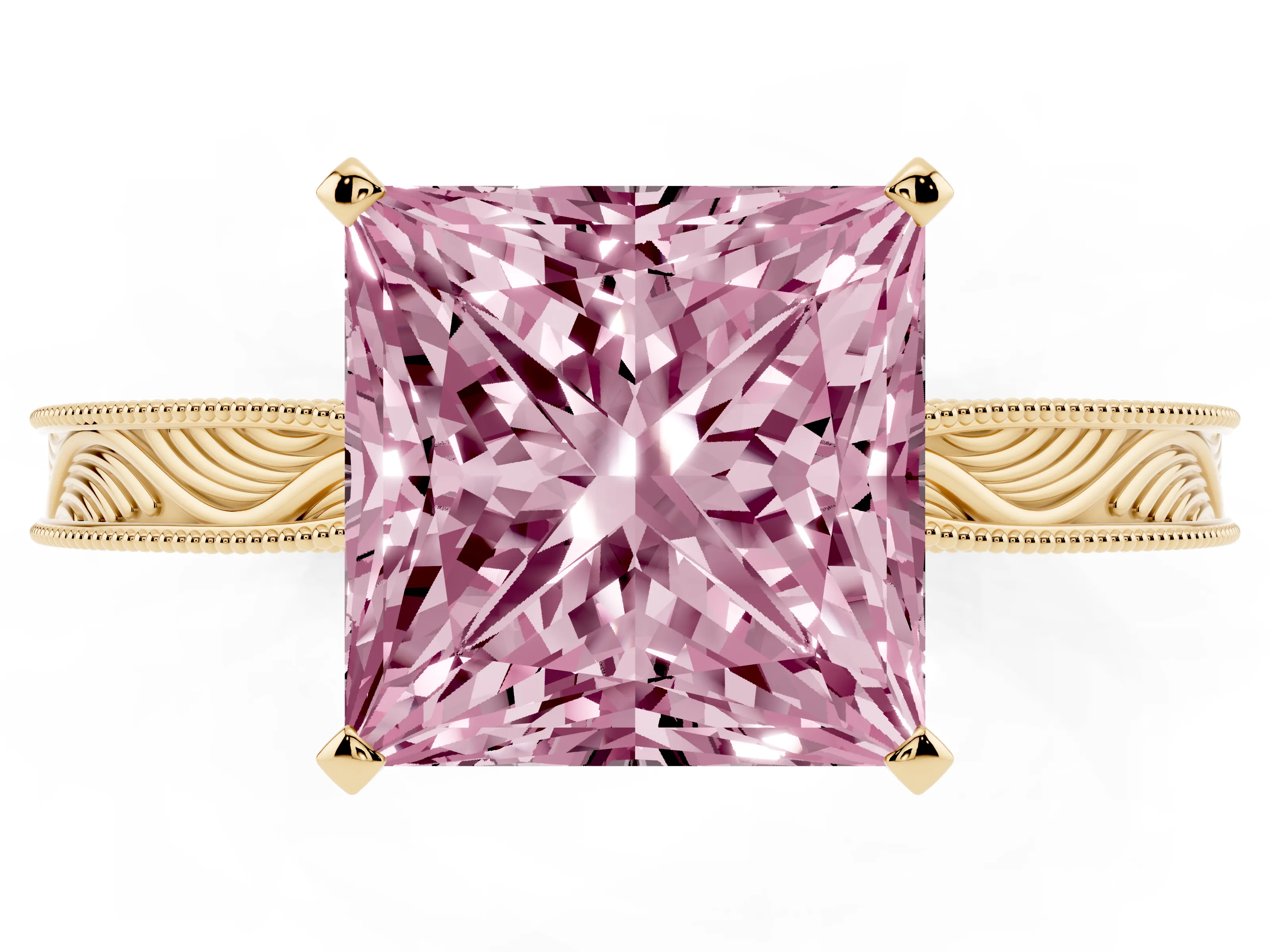 Fancy Pink Princess Cut Diamond Solitaire Milgrain Engraved Band Set in Yellow gold with Prong Setting