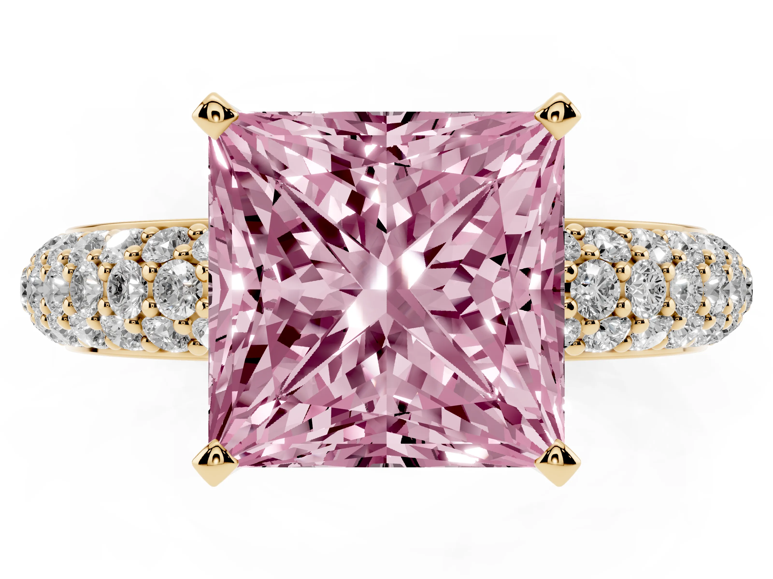 Fancy Pink Princess Cut Diamond Solitaire Ring Set in Yellow gold with Prong Setting and Pavé-Set Band