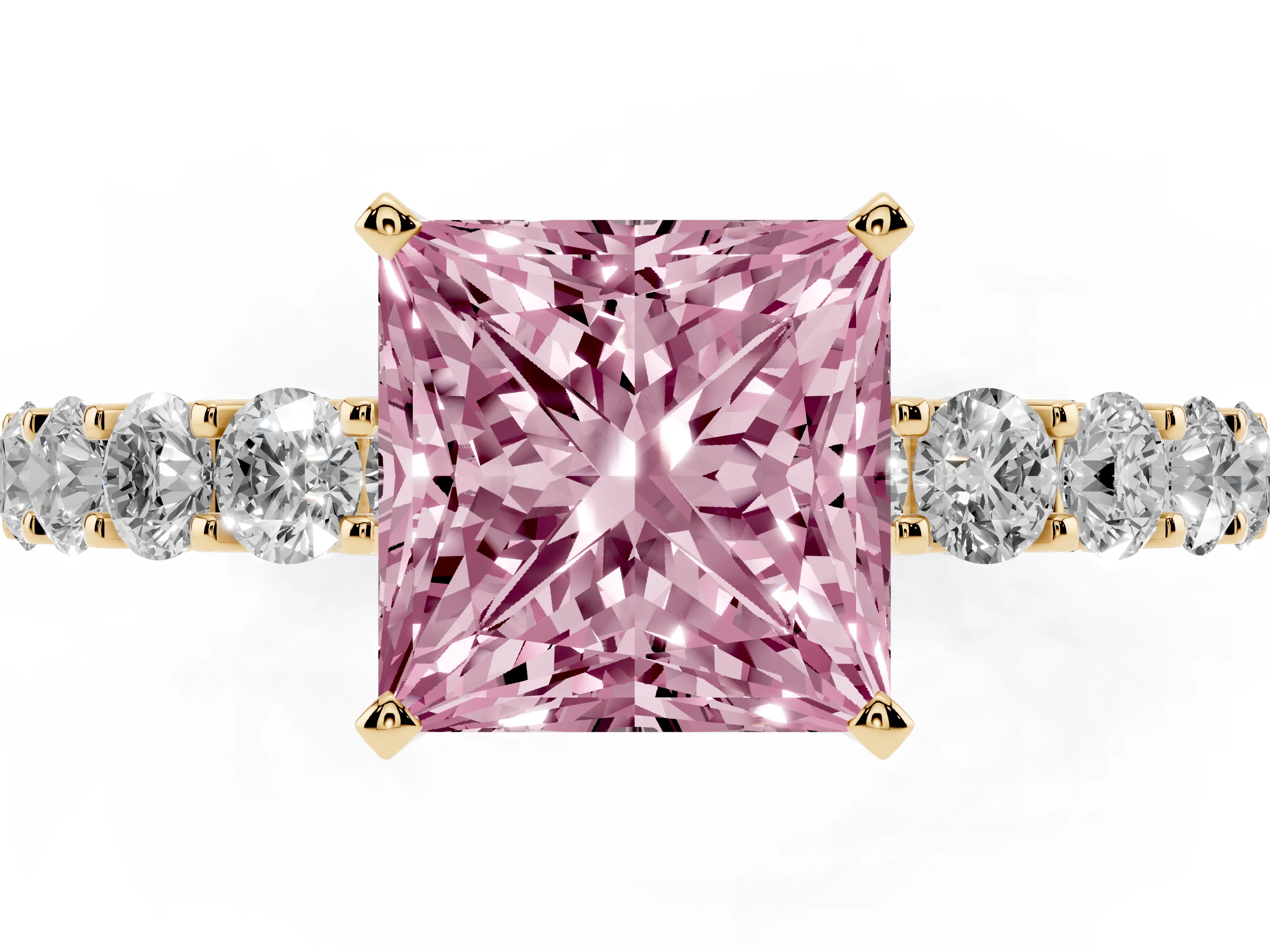 Fancy Pink Princess Cut Diamond Solitaire Ring Set in Yellow gold with Shared Prong Pavé Band