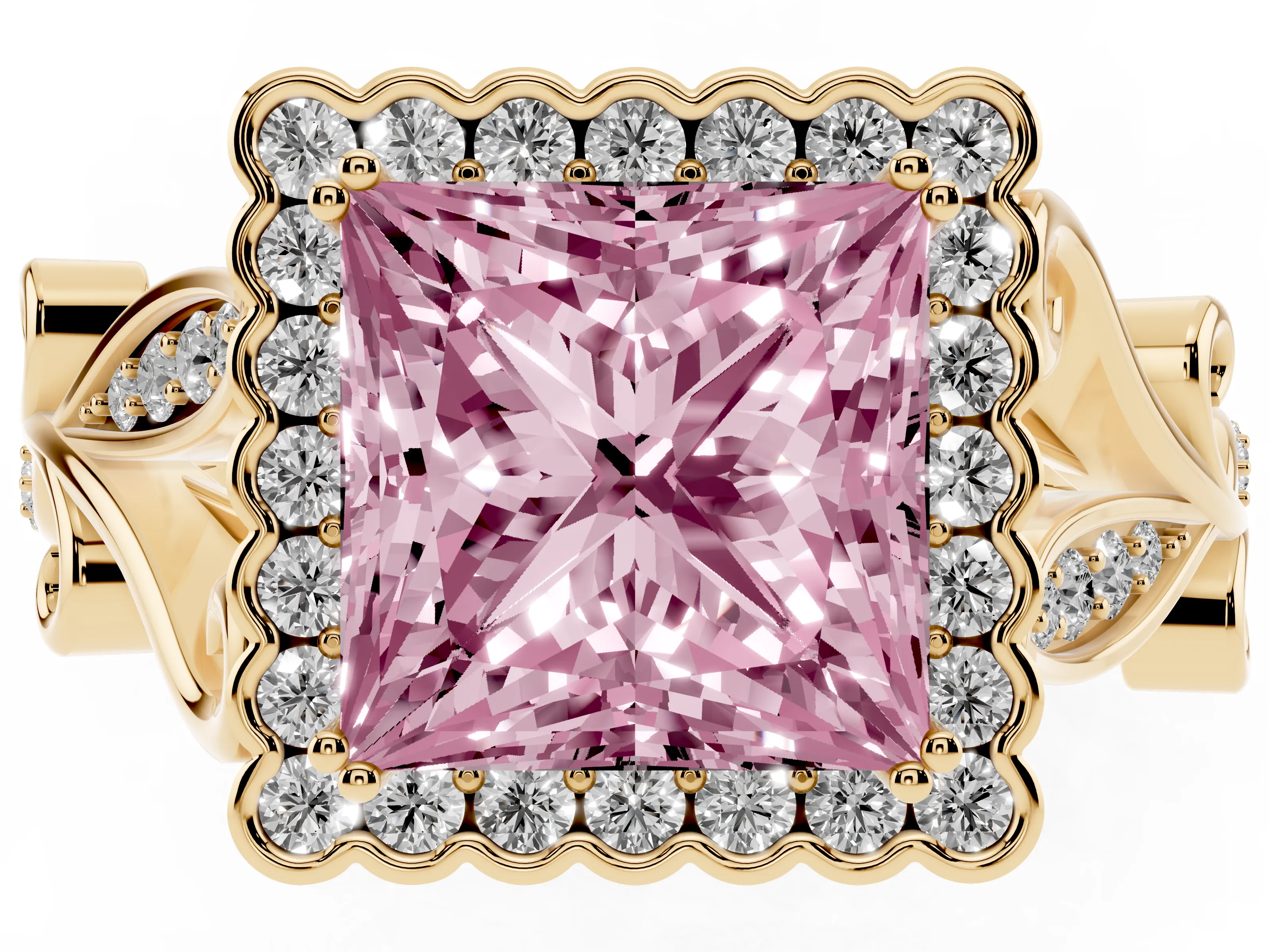 Fancy Pink Princess Cut Diamond Halo Ring Set in Yellow gold with Leaf Motif Split Shank and Prong Setting