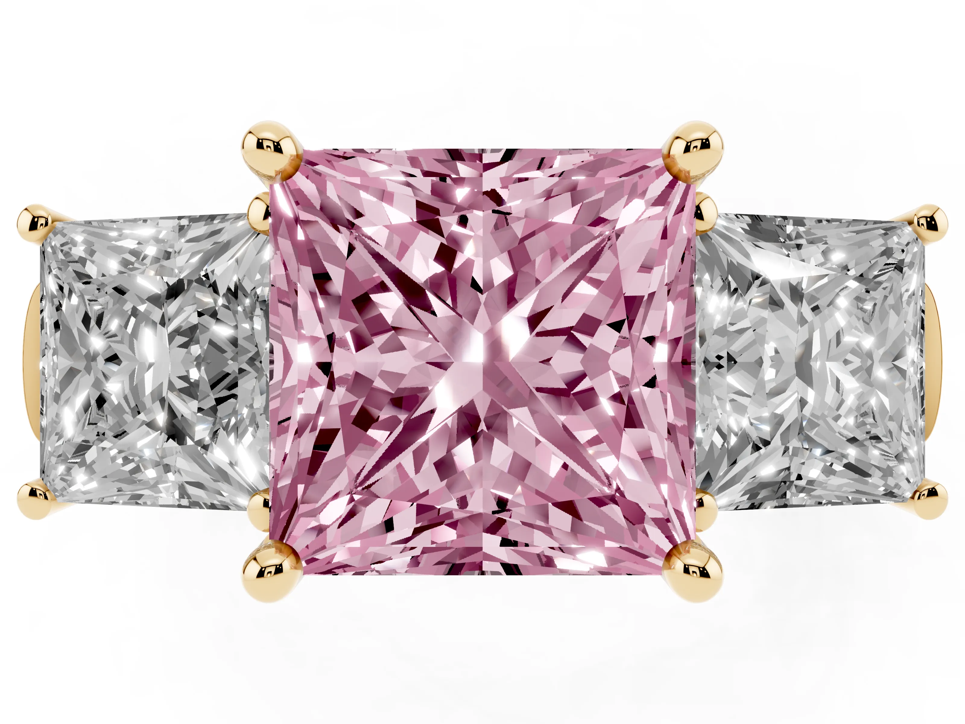 Fancy Pink Princess Cut Diamond Three-Stone Trellis Ring Set in Yellow gold with Comfort Fit Band