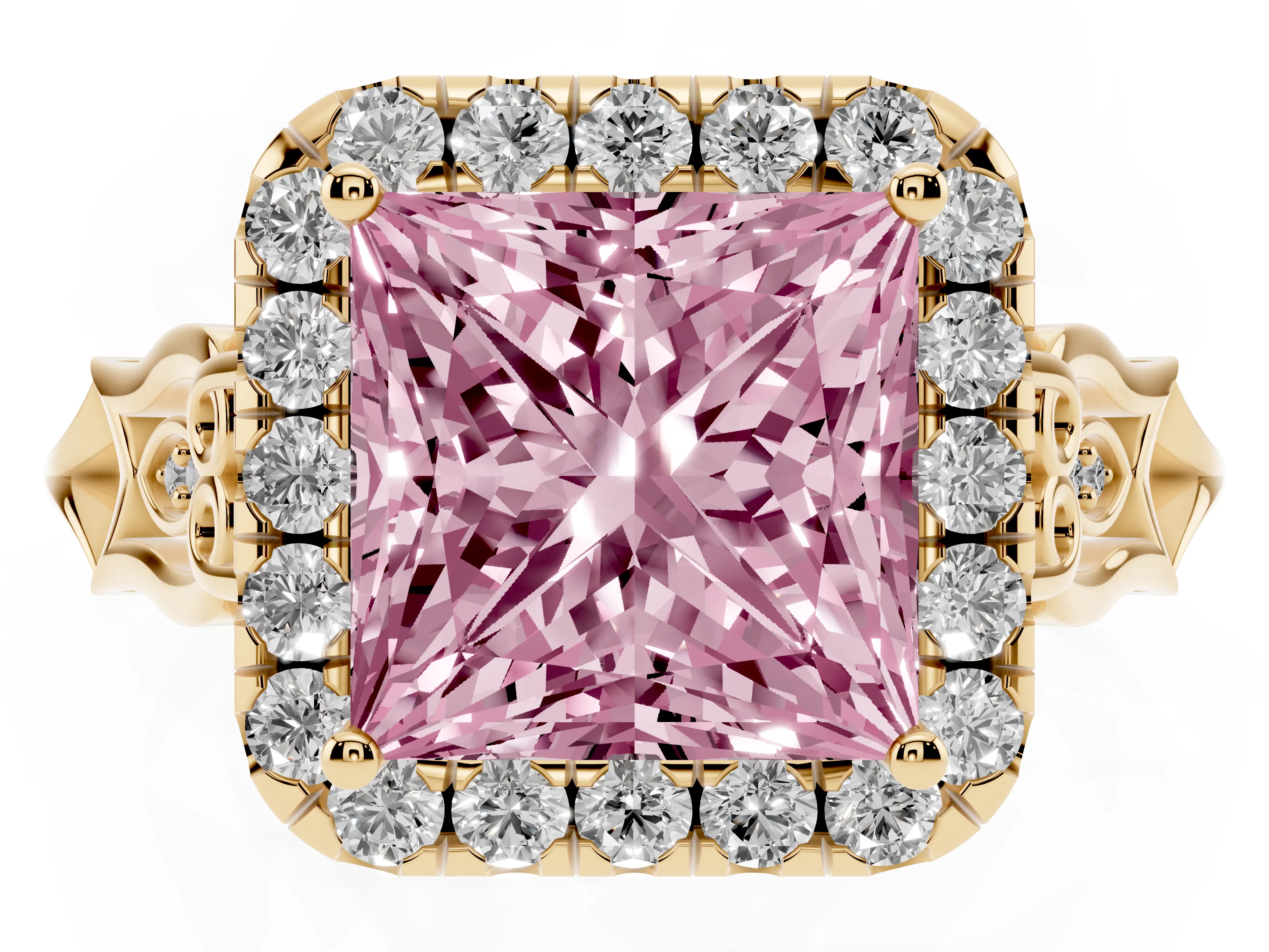 Fancy Pink Princess Cut Diamond Halo Engagement Ring Set in Yellow gold with Filigree Band and Prong-Set Center