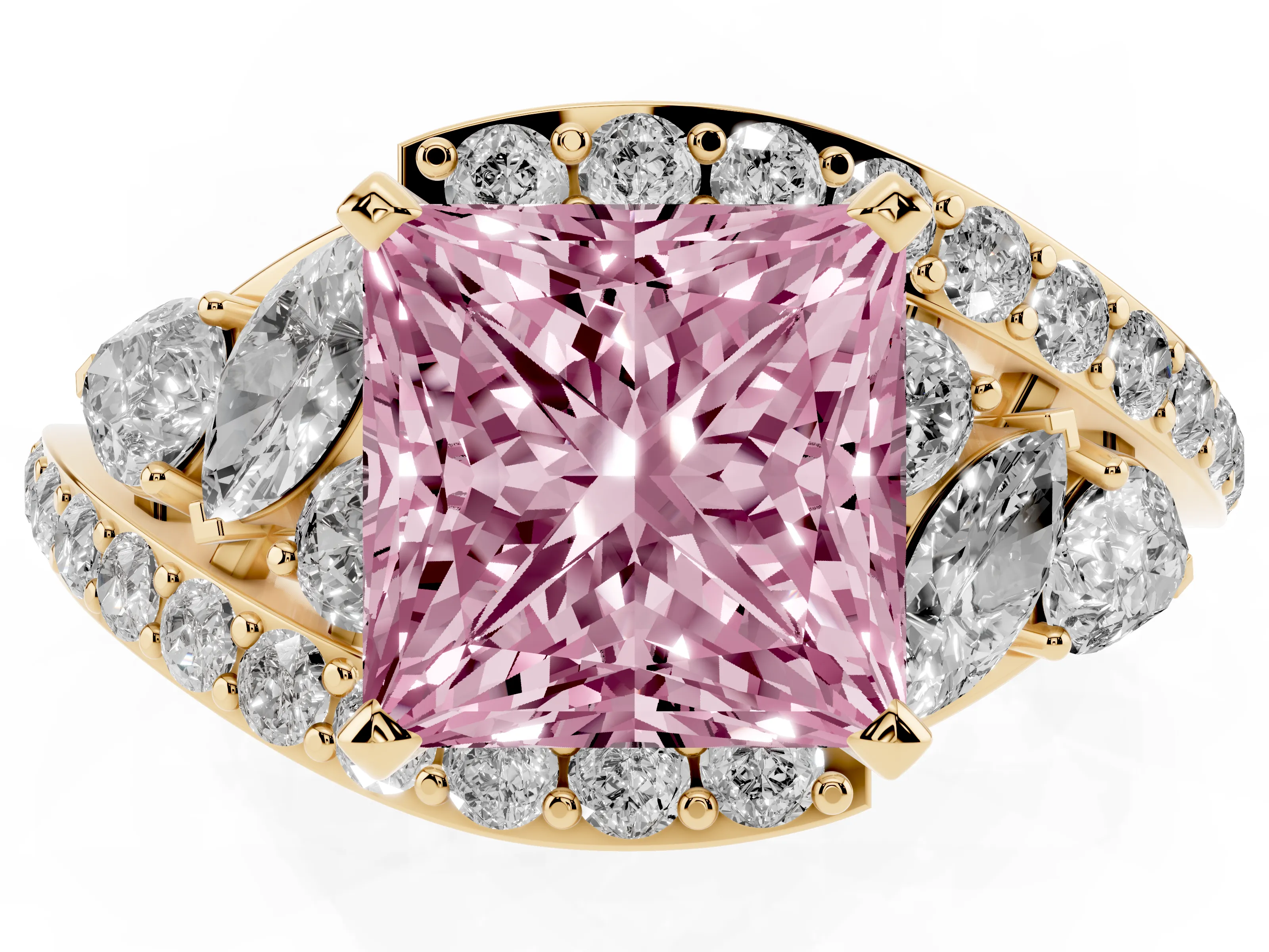 Fancy Pink Princess Cut Diamond Halo Ring Set in Yellow gold with Marquise and Pavé Band in Prong Setting