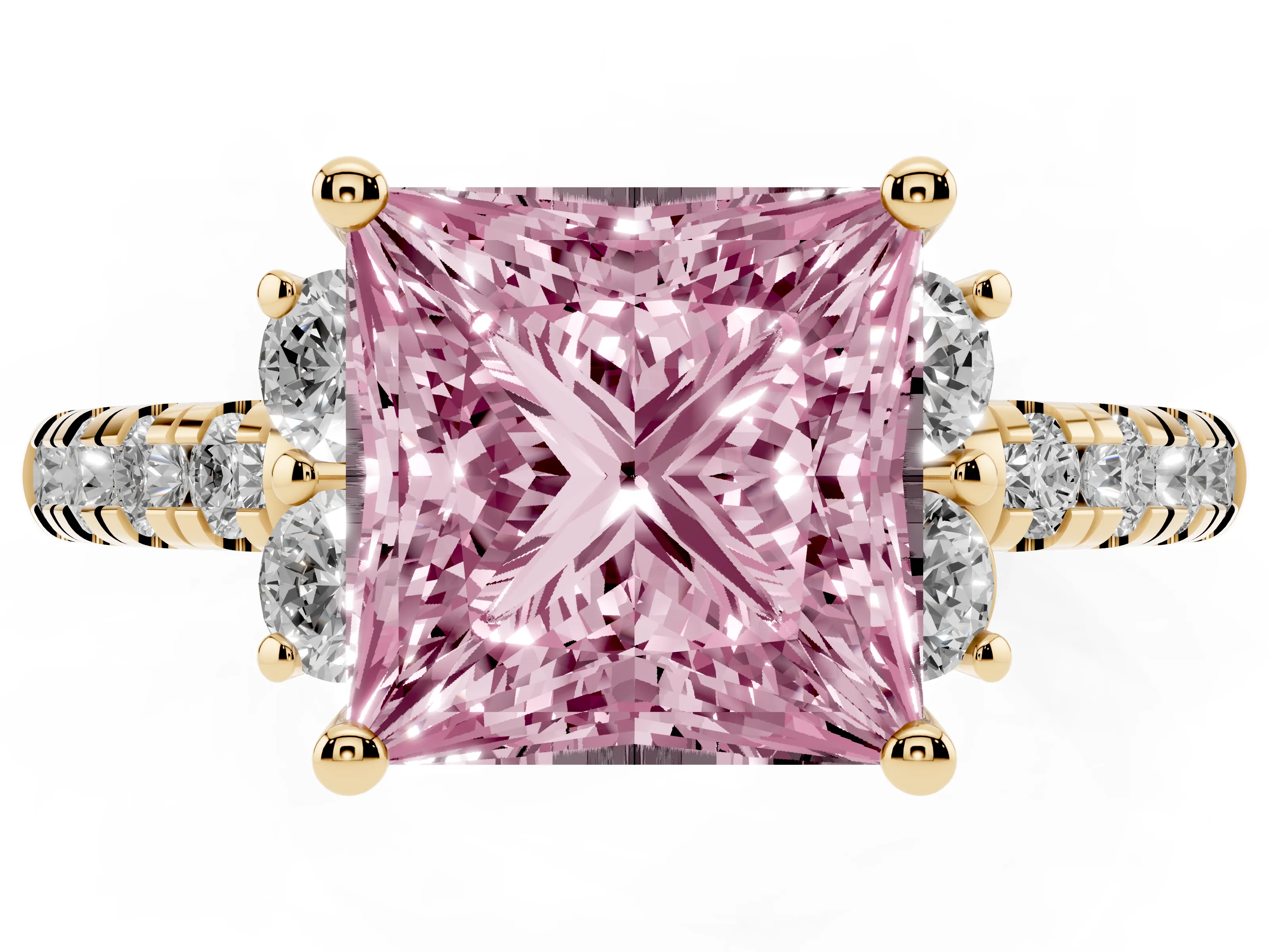 Fancy Pink Princess Cut Diamond Three-Stone Pavé Ring Set in Yellow gold with Prong Setting