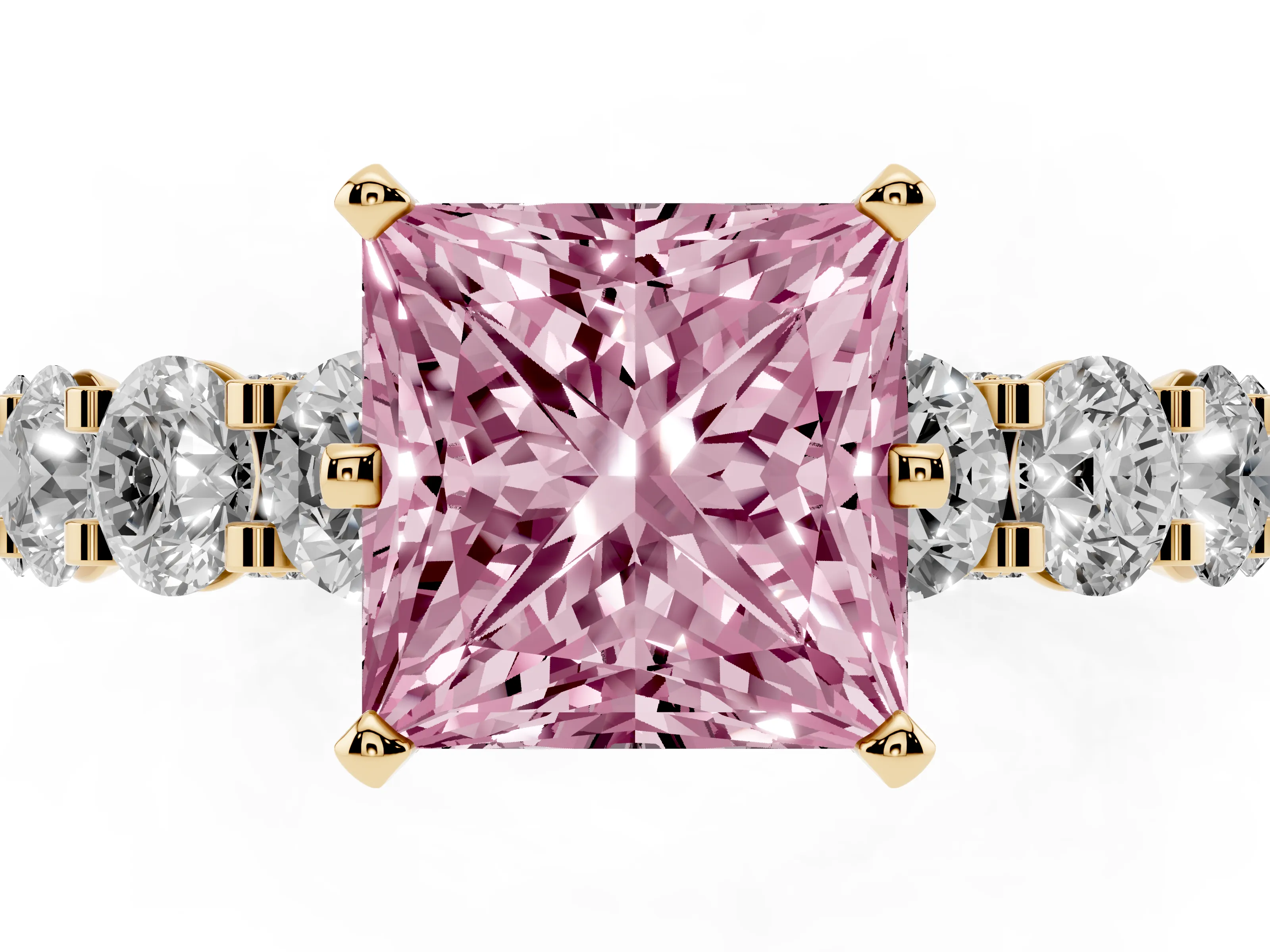 Fancy Pink Princess Cut Diamond Side Stone Ring Set in Yellow gold with Alternating Round and Oval Side Stones