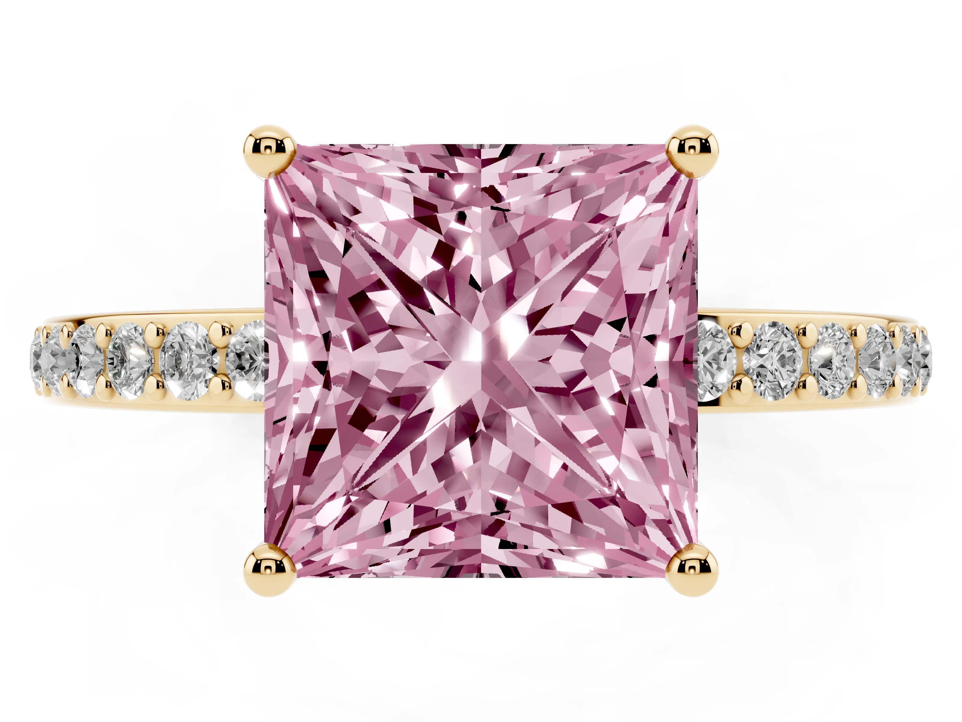 Fancy Pink Princess Cut Diamond Pavé Band Ring Set in Yellow gold with Prong-Set Center Stone
