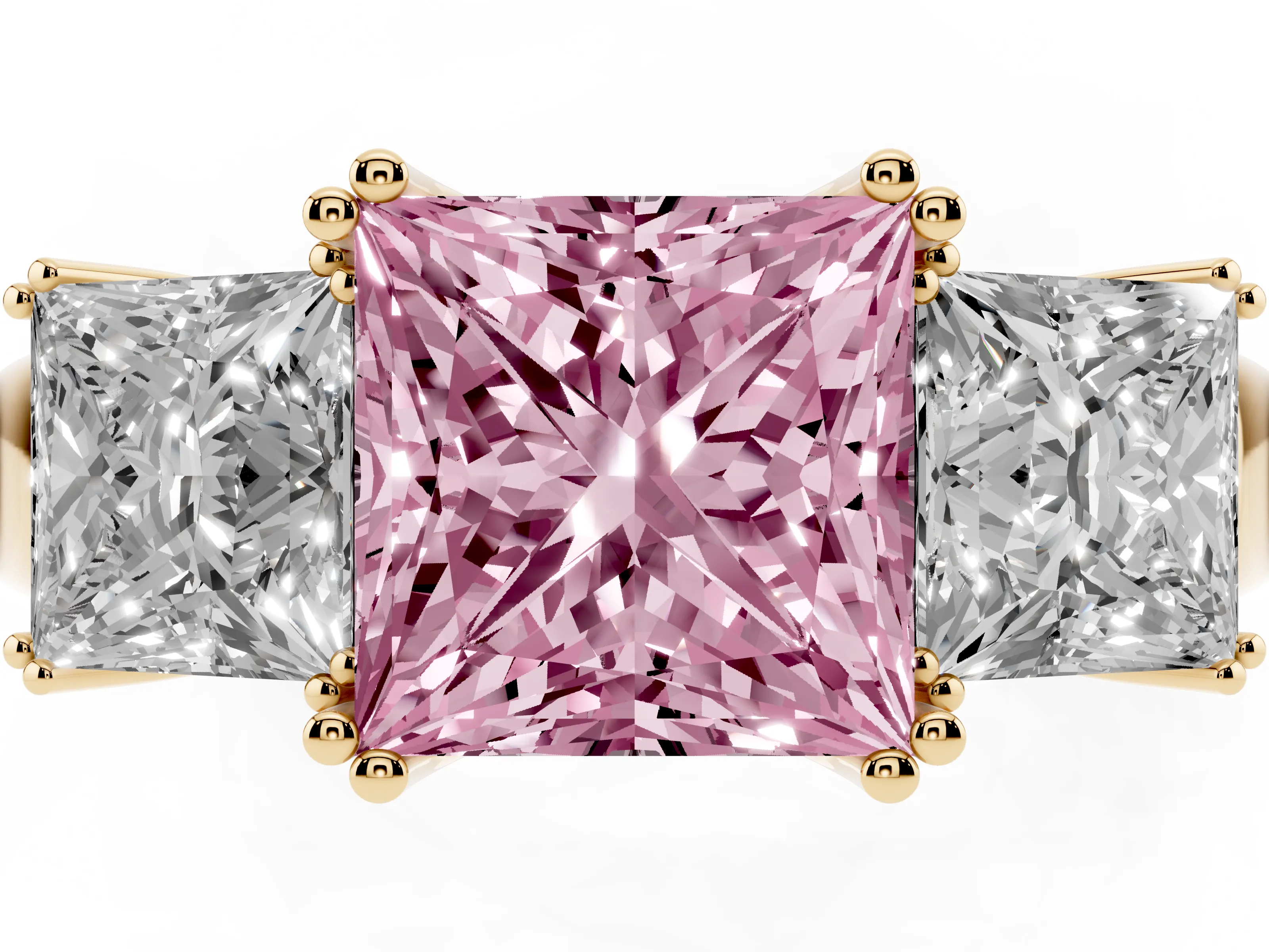 Fancy Pink Princess Cut Diamond Three-Stone Ring Set in Yellow gold with Polished Channel-Set Band
