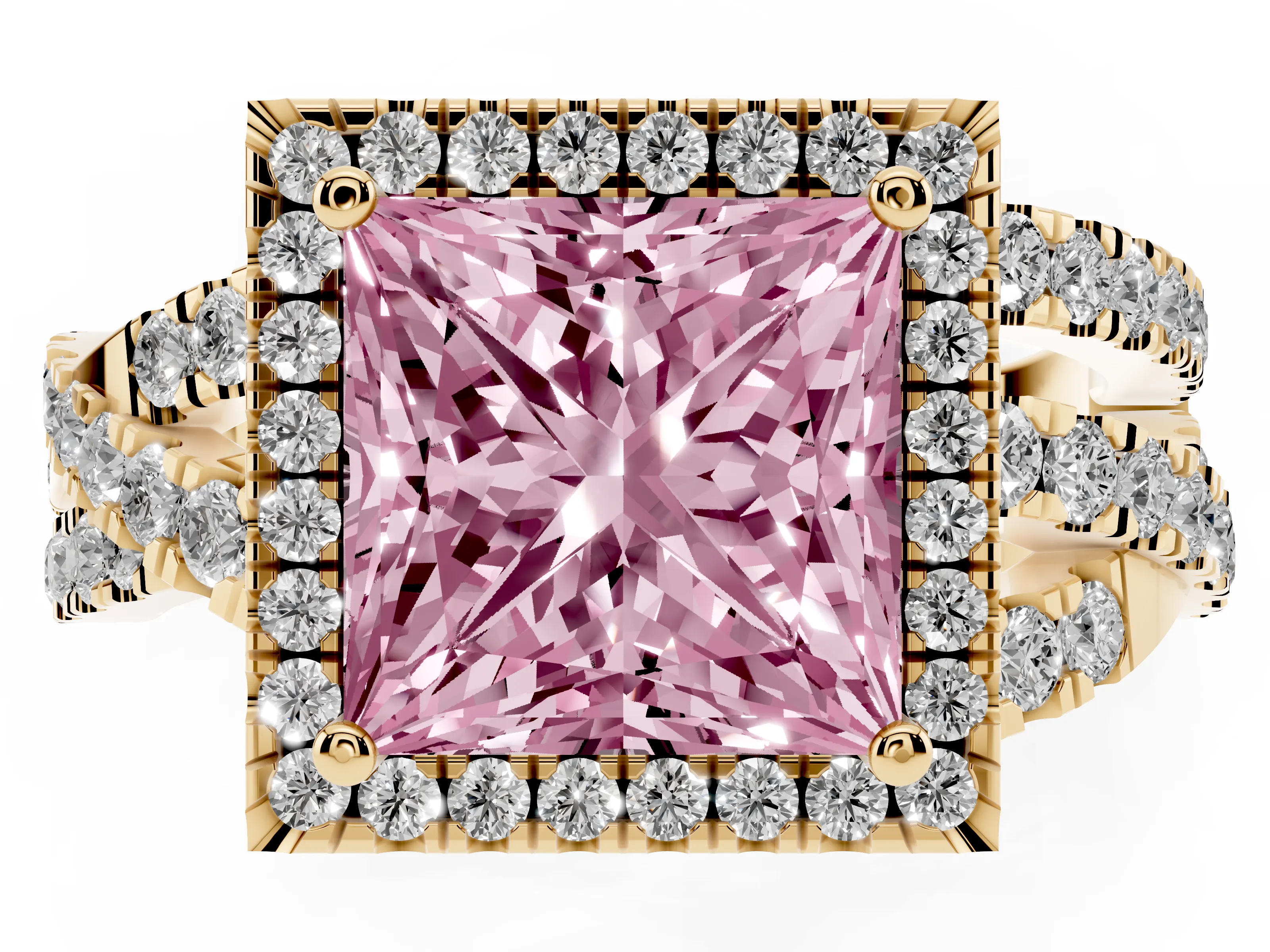 Fancy Pink Princess Cut Diamond Halo Ring Set in Yellow gold with Round Crossover Split Shank and Prong Setting