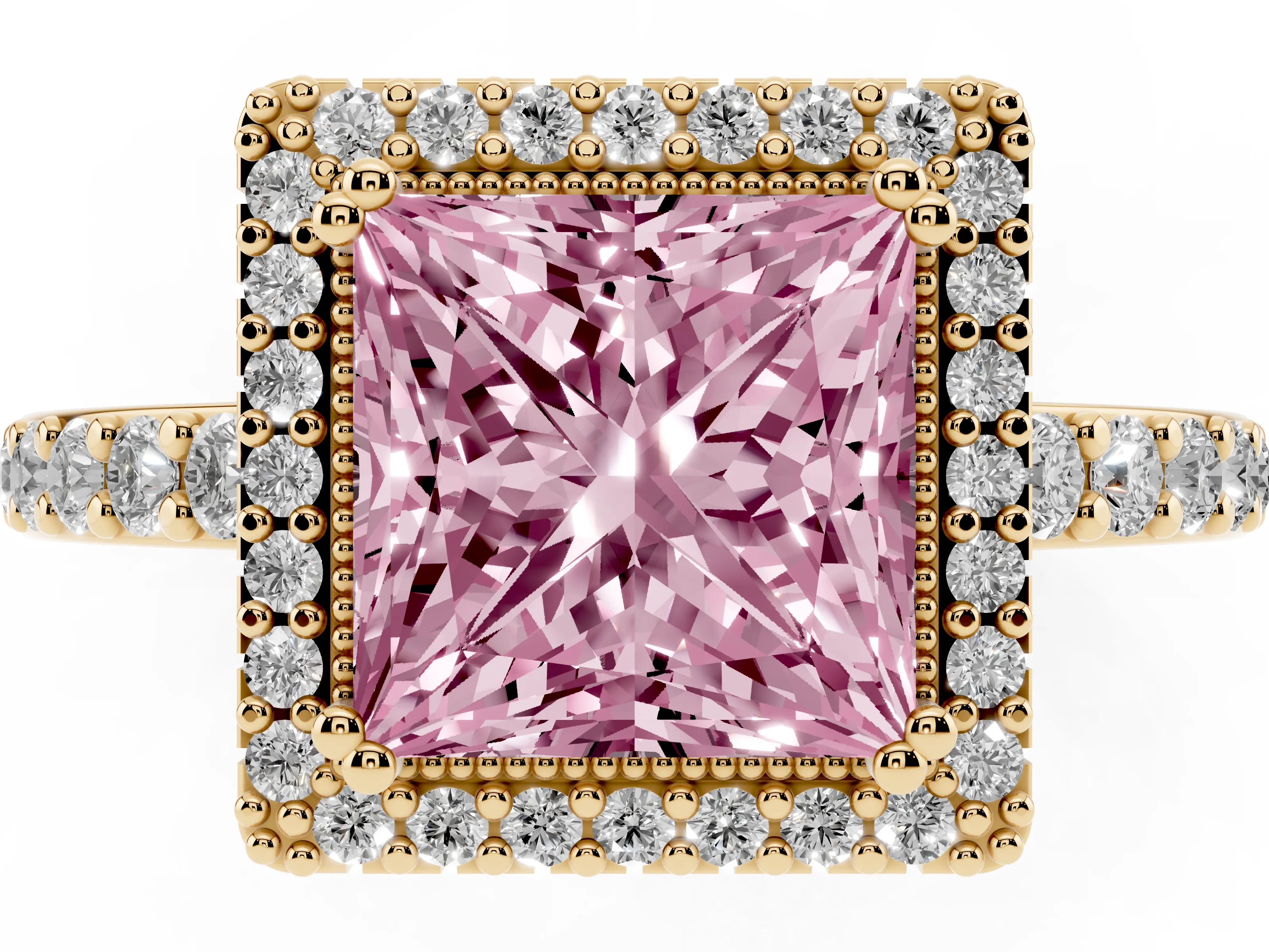 Fancy Pink Princess Cut Diamond Halo Engagement Ring Set in Yellow gold with Milgrain Detail and Pavé Band