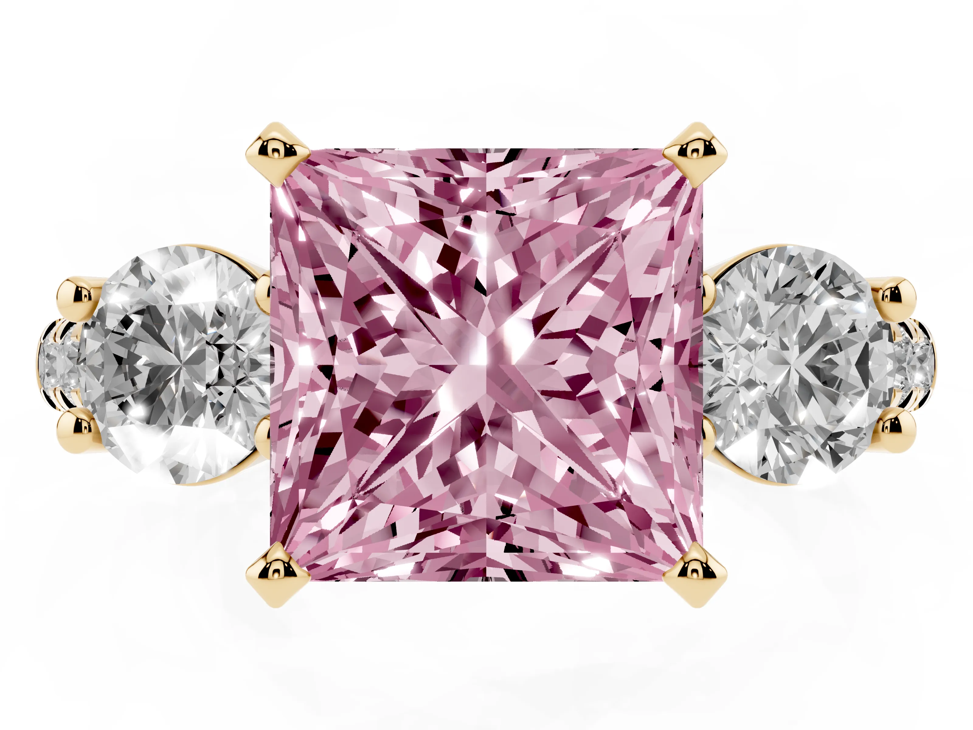 Fancy Pink Three-Stone Princess Cut Diamond Pavé Band Ring Set in Yellow gold with Prong-Set Trio