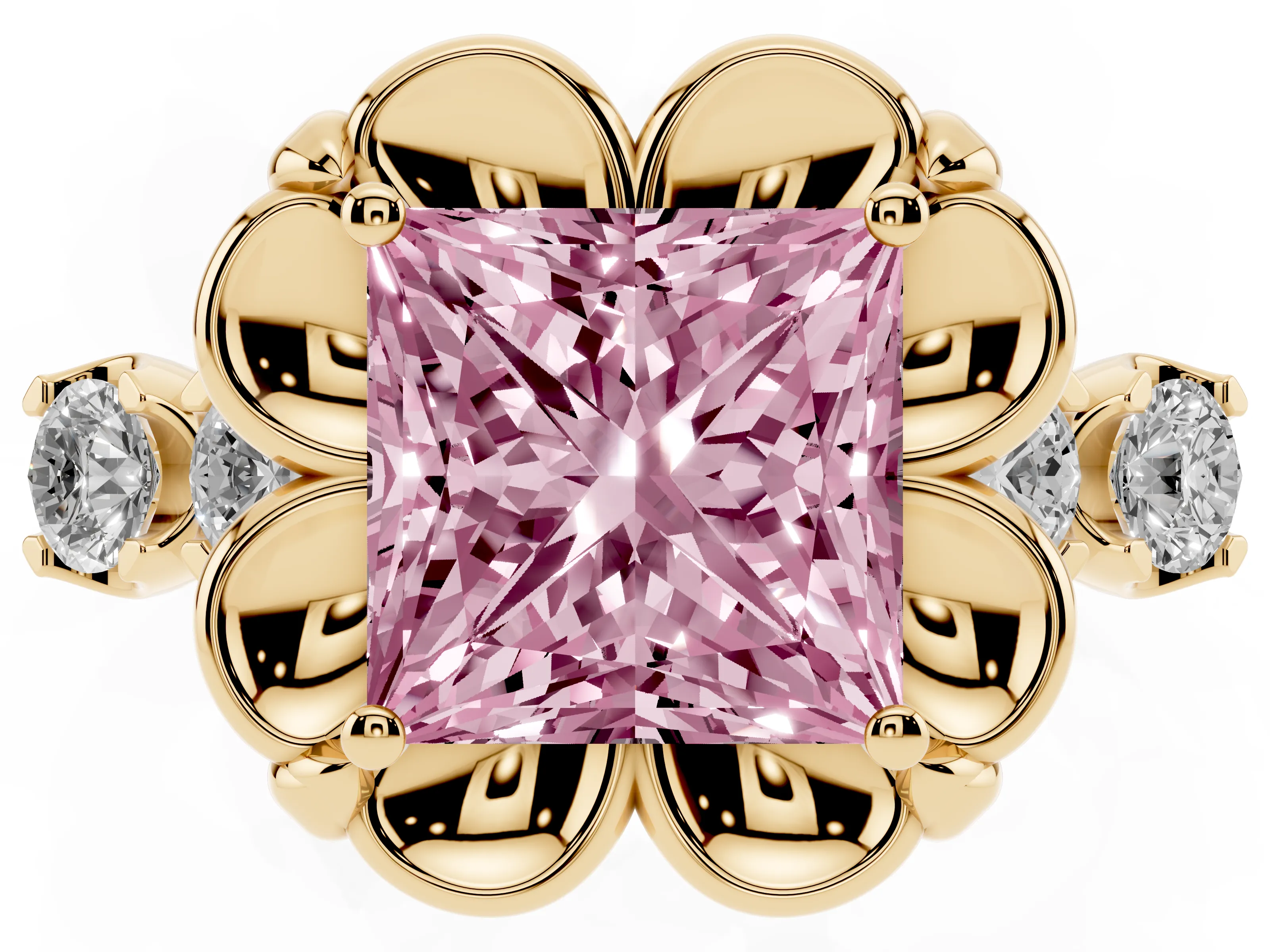 Fancy Pink Princess Cut Diamond Floral Halo Ring Set in Yellow gold with Shared Prong Band