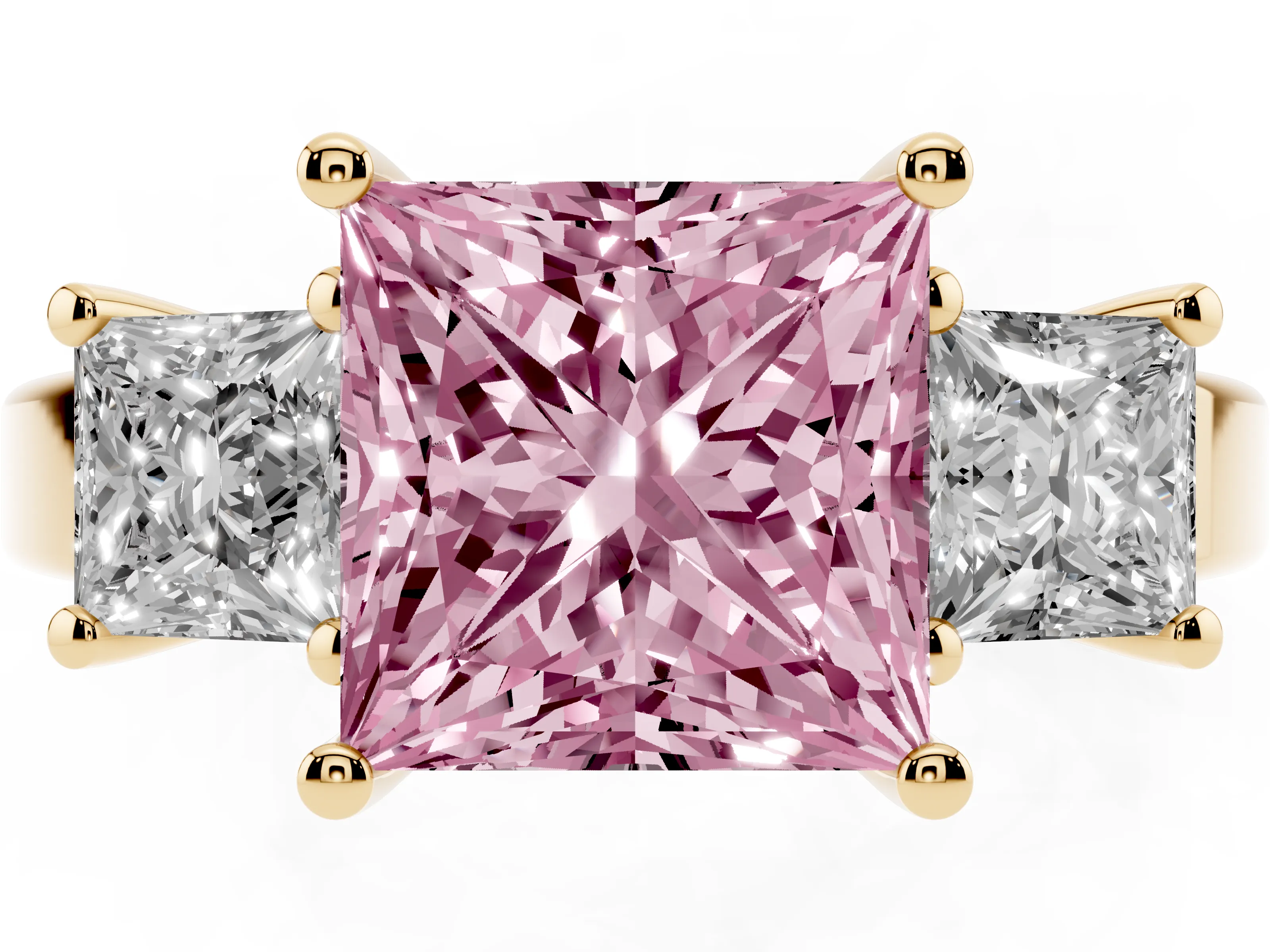 Fancy Pink Three-Stone Princess Cut Diamond Solitaire Ring Set in Yellow gold with Prong Setting