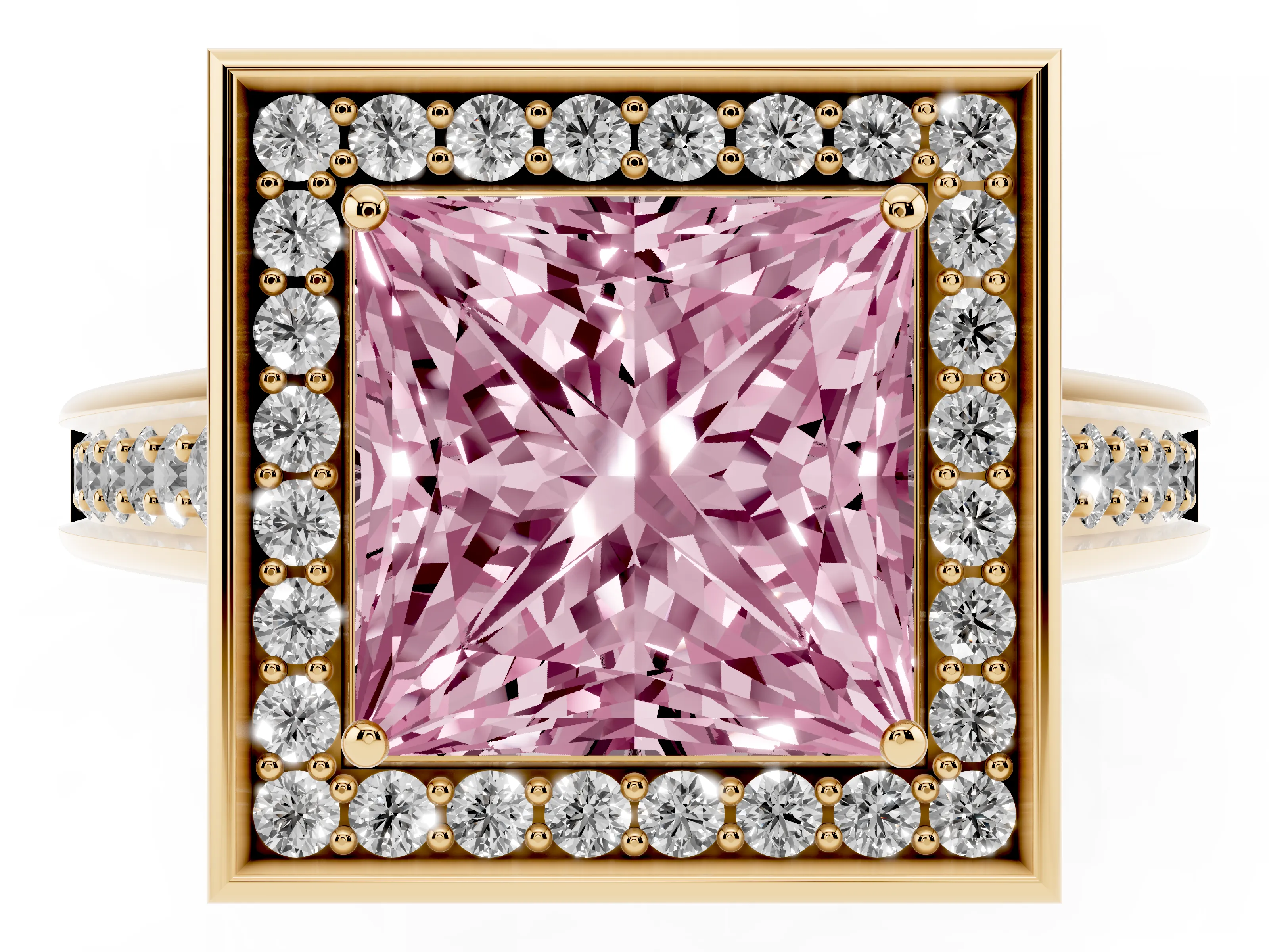 Fancy Pink Princess Cut Diamond Halo Solitaire Ring Set in Yellow gold with Pavé Band and Bezel Setting