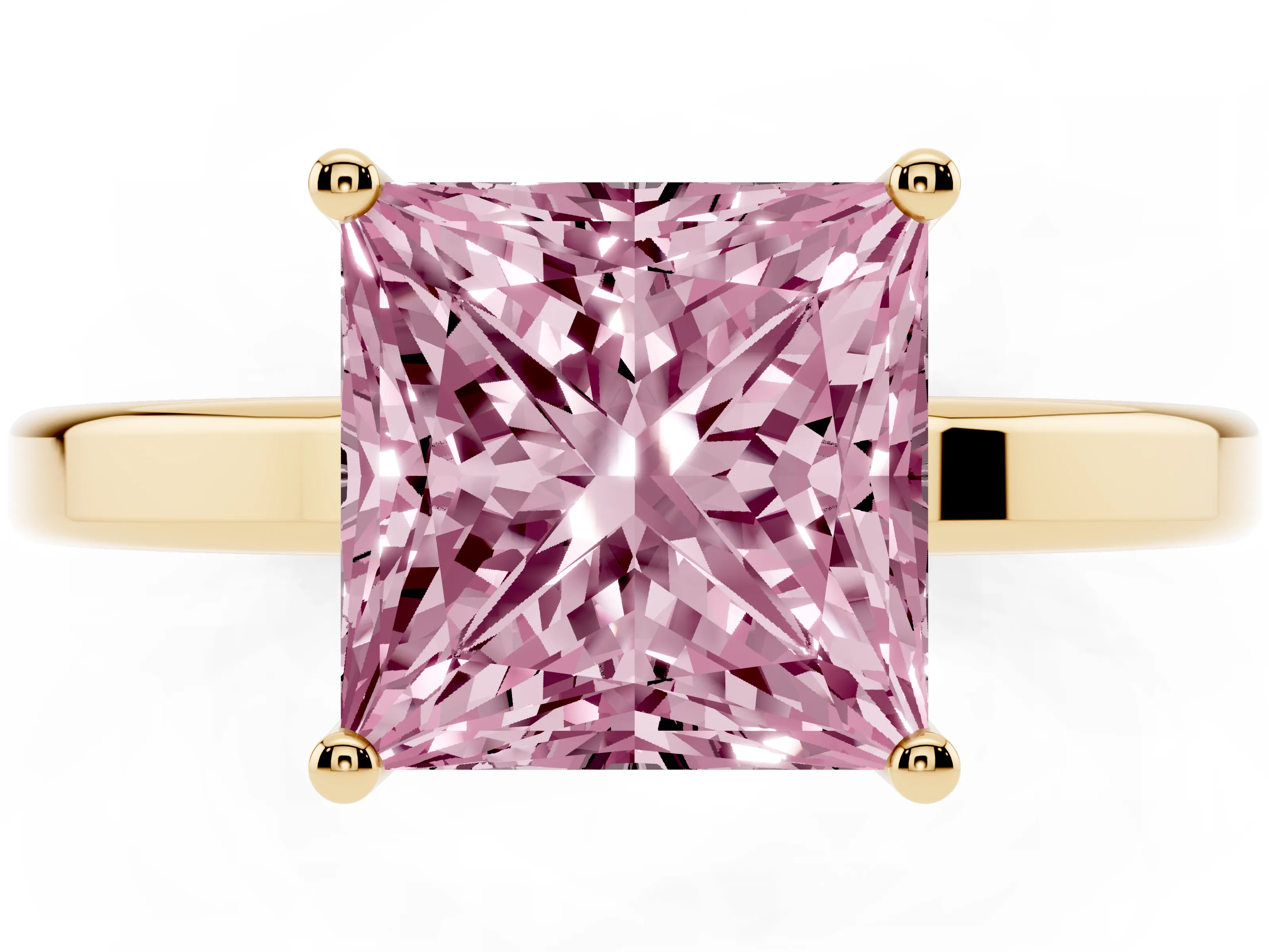 Fancy Pink Princess Cut Diamond Solitaire Engagement Ring Set in Yellow gold with Prong Setting on a Plain Band