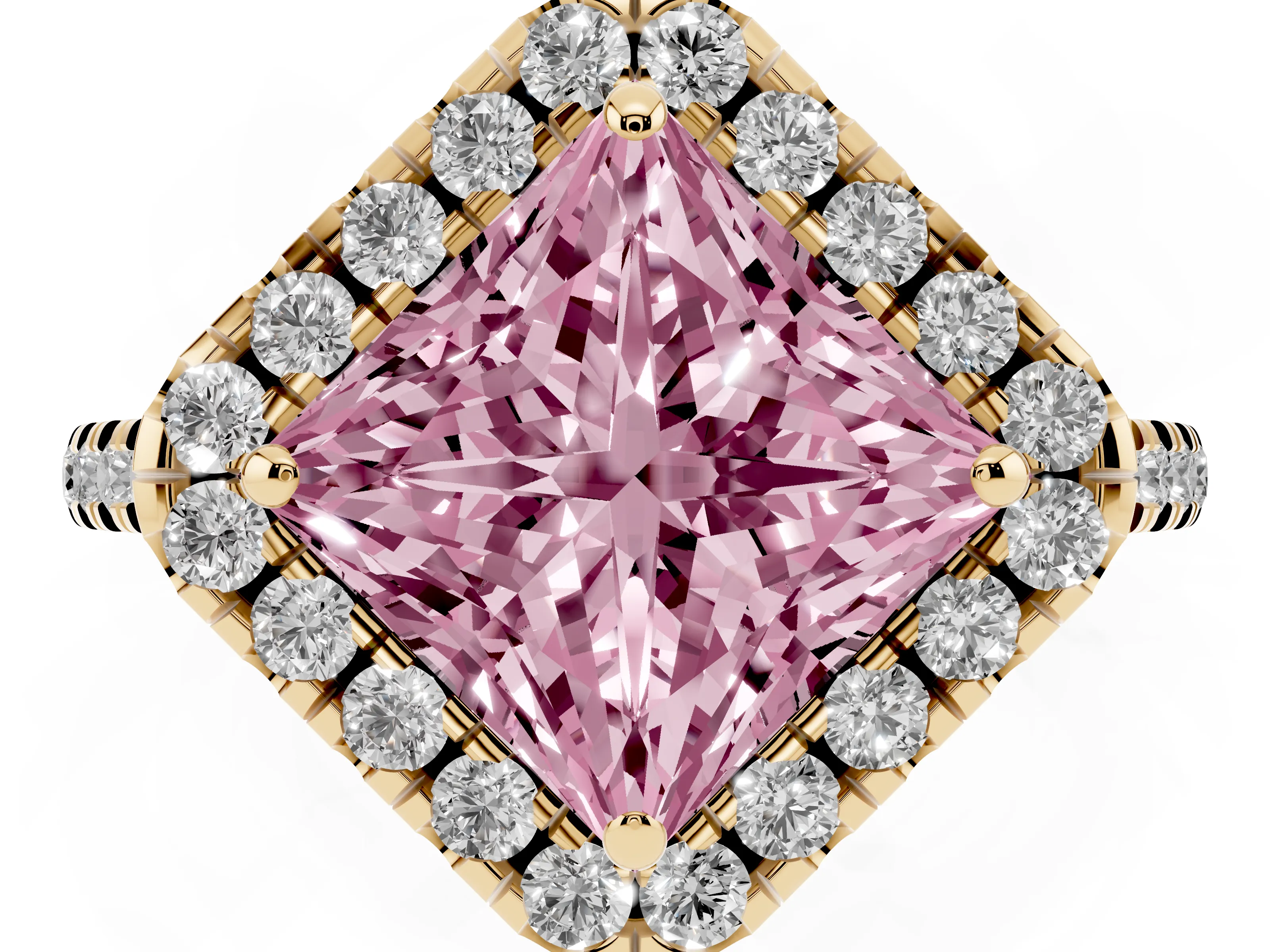 Fancy Pink Princess Cut Diamond Cushion Halo Ring Set in Yellow gold with Pavé Band