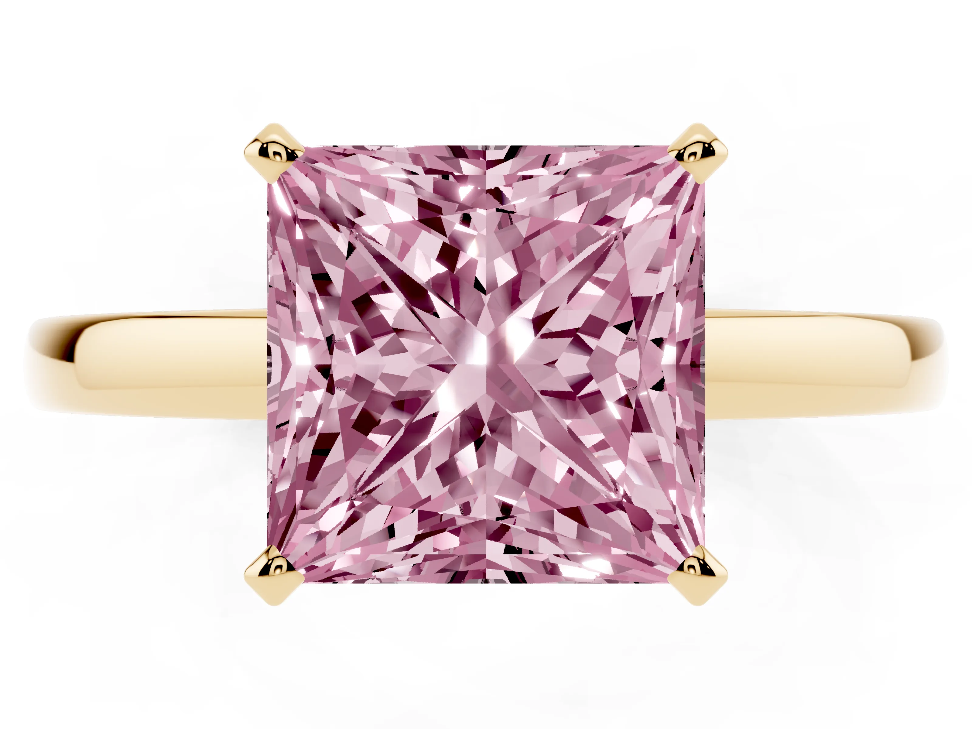 Fancy Pink Princess Cut Diamond Solitaire Engagement Ring Set in Yellow gold with Prong Setting on a Classic Band