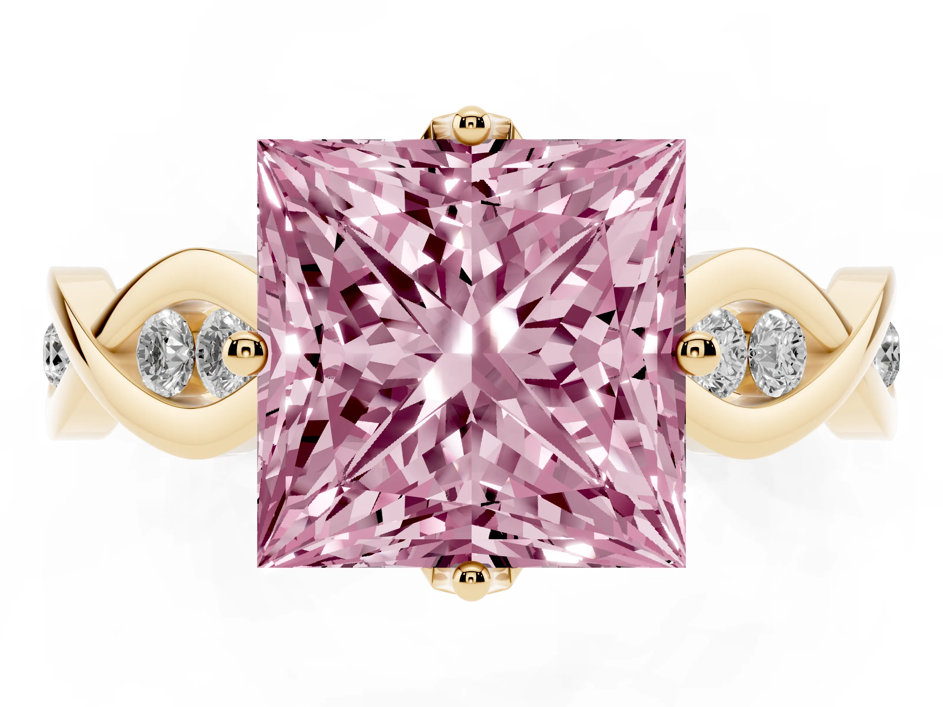Fancy Pink Princess Cut Diamond Twist Band Solitaire Ring Set in Yellow gold with Leaf Prong Setting and Accent Stones