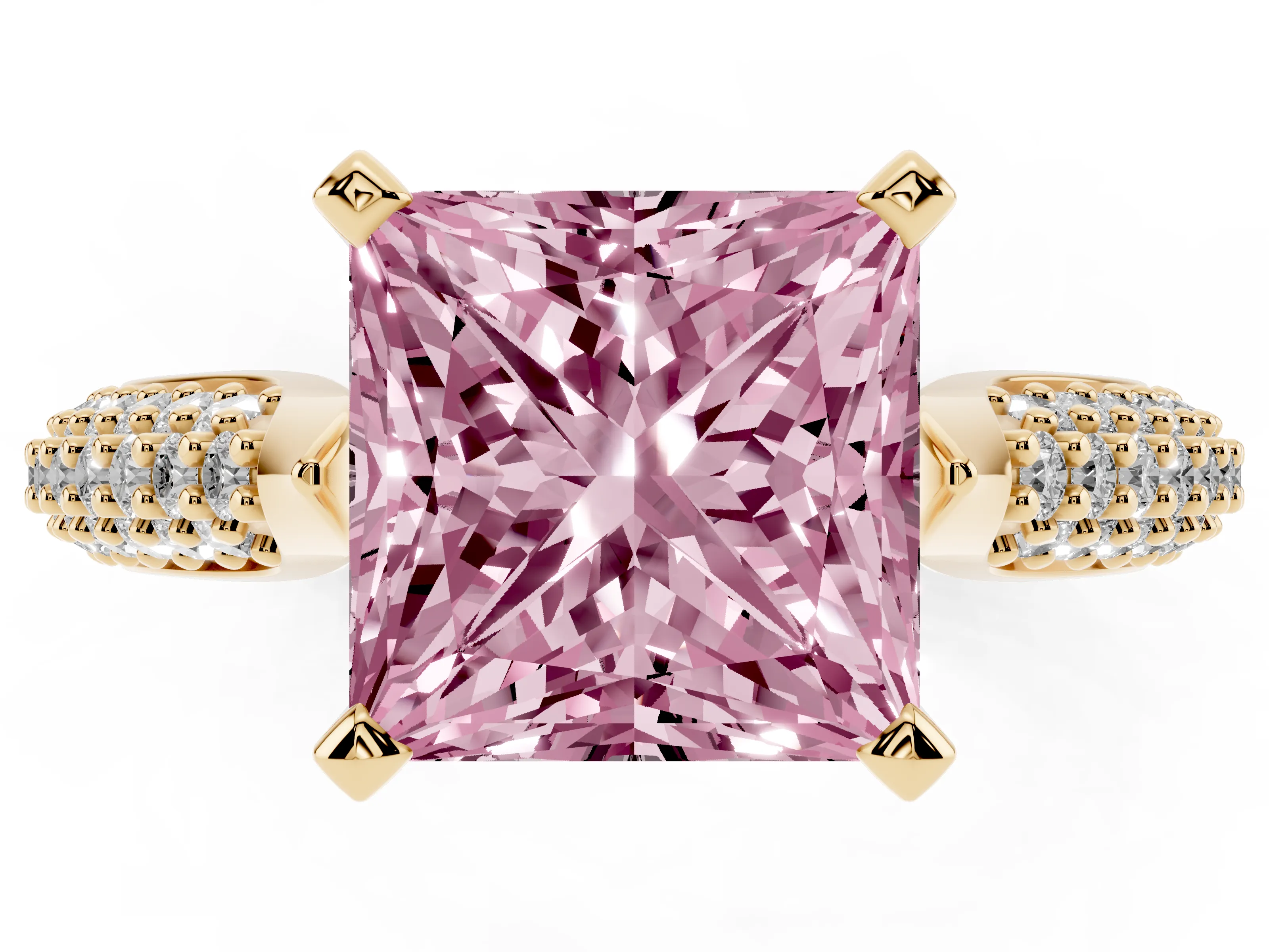 Fancy Pink Princess Cut Diamond Solitaire Engagement Ring Set in Yellow gold with Multi-Row Round Pavé Band and Prong Setting