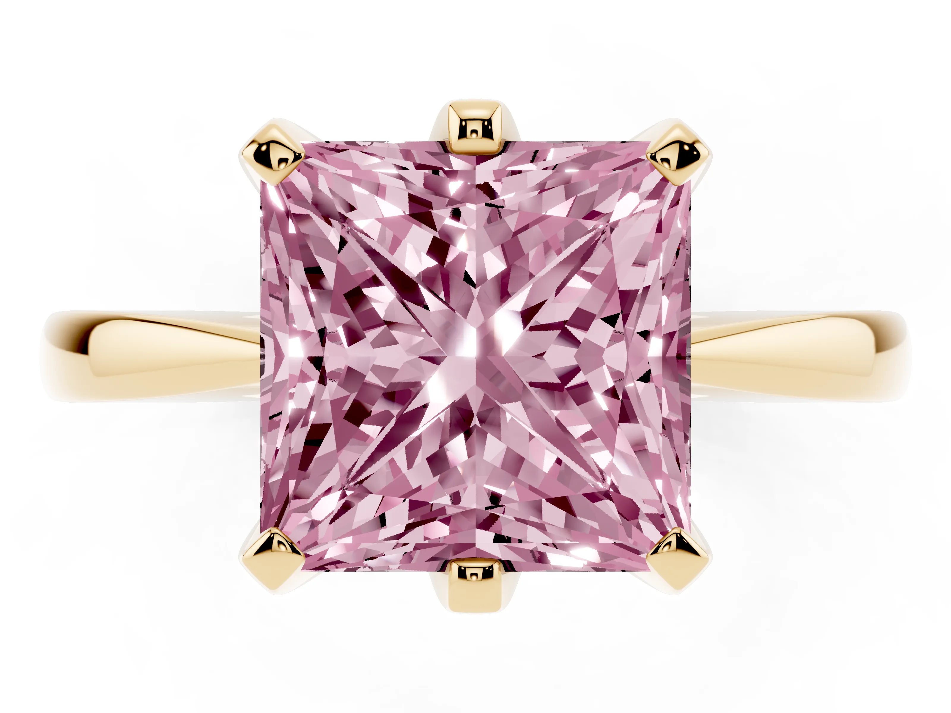 Fancy Pink Princess Cut Diamond Solitaire Engagement Ring Set in Yellow gold with Slim Tapered Solitaire Band