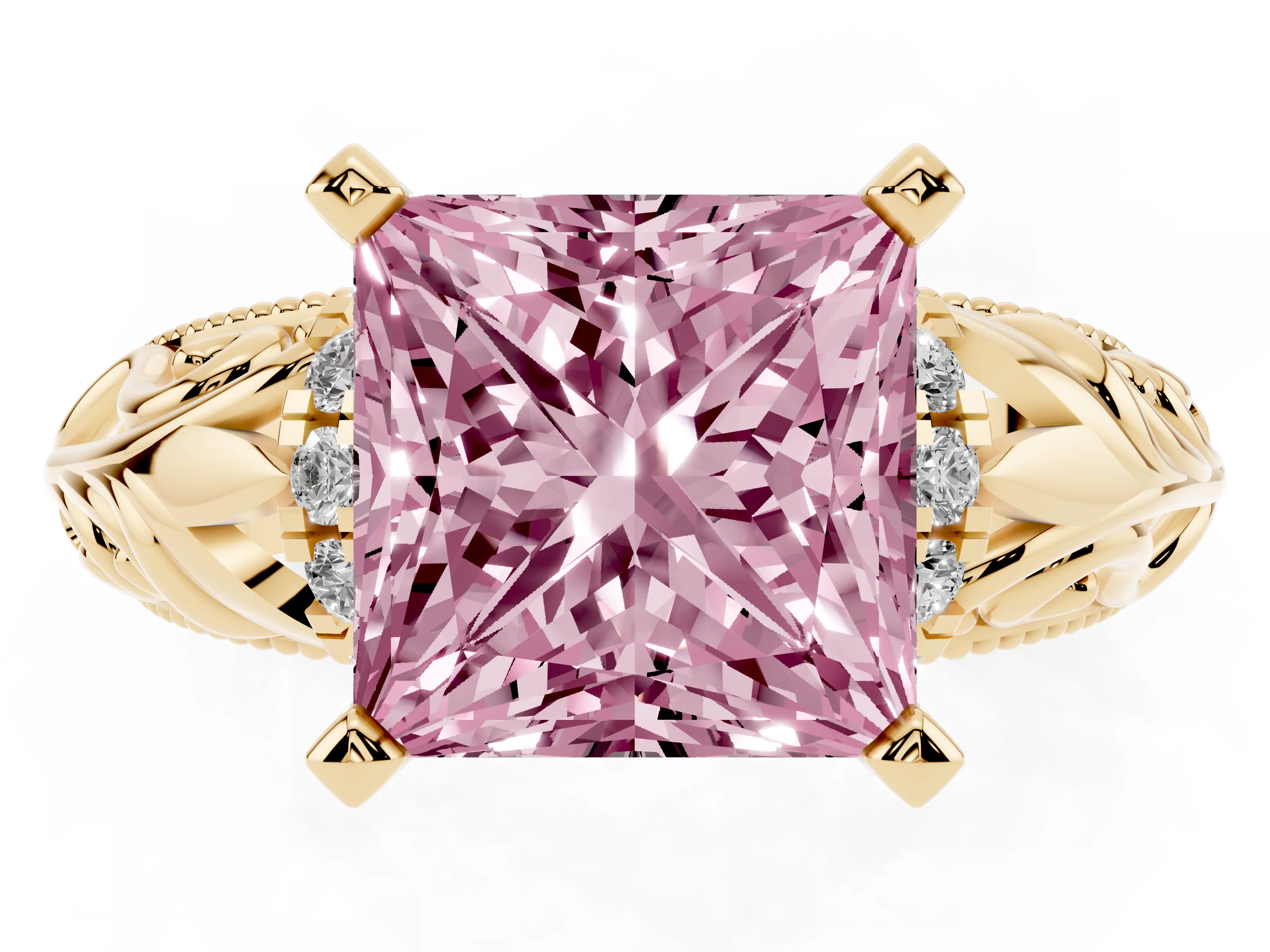 Fancy Pink Princess Cut Diamond Filigree Halo Engagement Ring Set in Yellow gold with Prong Setting