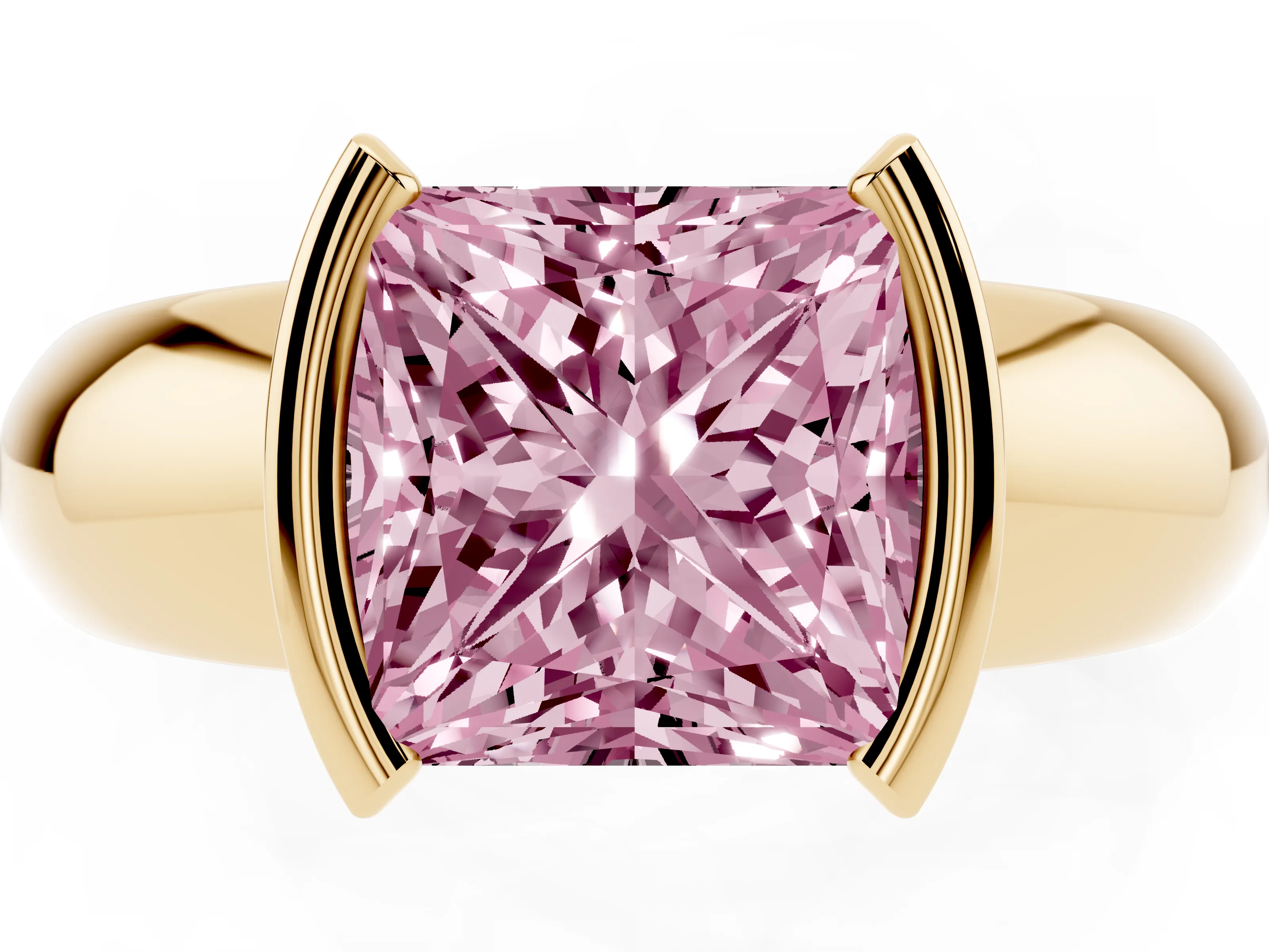 Fancy Pink Princess Cut Diamond Solitaire Tension Set Ring Set in Yellow gold with Wide Band