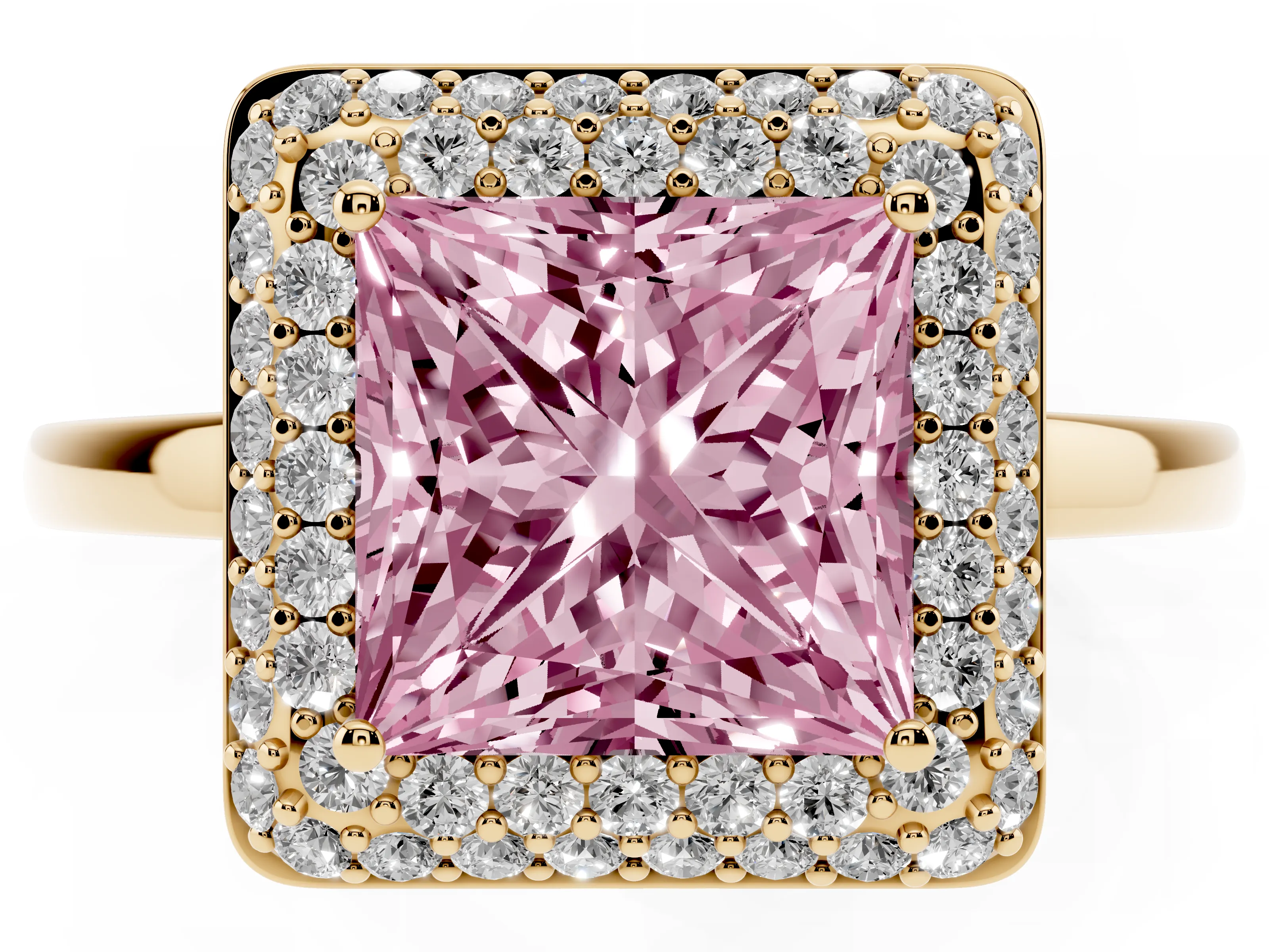 Fancy Pink Princess Cut Diamond Halo Engagement Ring Set in Yellow gold with Solitaire Band and Prong Setting