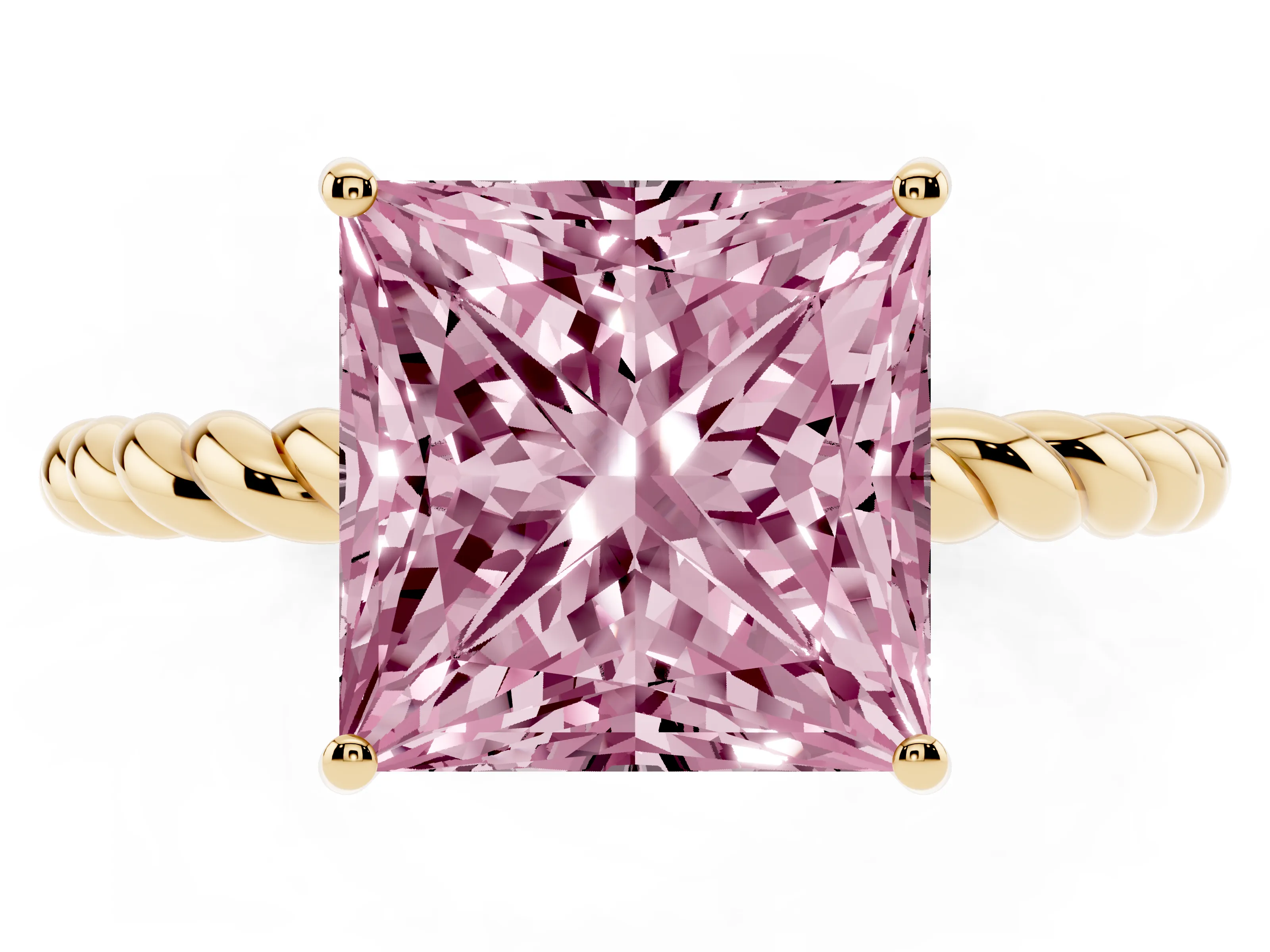 Fancy Pink Princess Cut Diamond Solitaire Ring Set in Yellow gold with Twist Band and Prong Setting