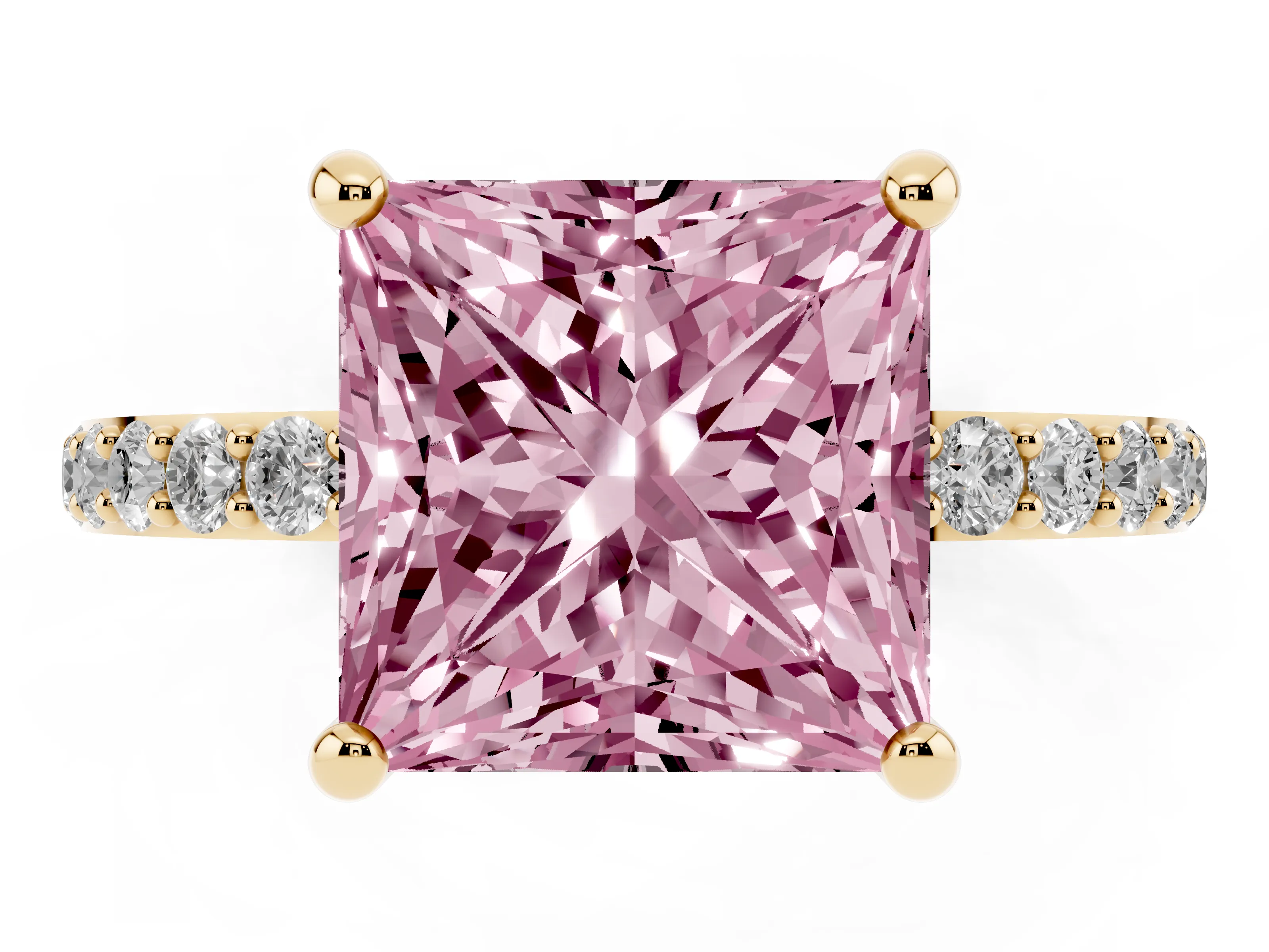 Fancy Pink Princess Cut Diamond Solitaire Ring Set in Yellow gold with Round Pavé Band and Prong Setting