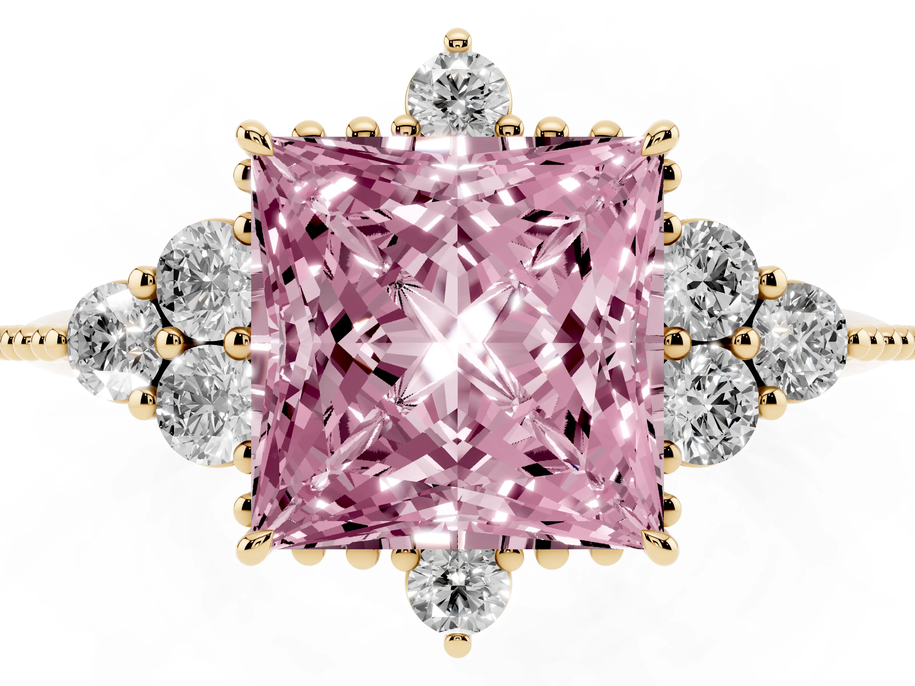 Fancy Pink Princess Cut Diamond Cluster Ring Set in Yellow gold with Beaded Band